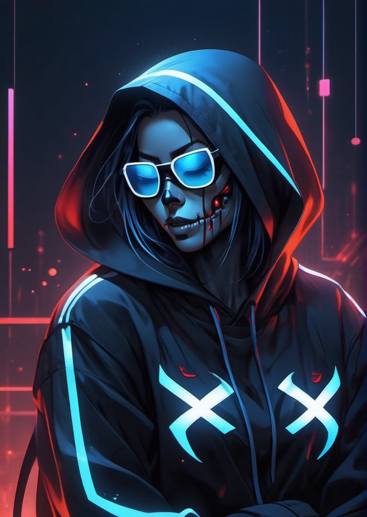 cyberpunk, sunglass,The long scar on the forehead is formed by a straight line drawn across many x marks, monkey skull, full detail body female, smily,smoking, detail nike jordan sneakers shoes, fashion, squat,ceramics, shoes, hoodie , croptop, logo,12k, water effect, blueoragenred, cinematic, minimalism fantastic background, ghost blade art style, fantastic, digital art, high detail, high detail skin, real skin, 8k, high_resolution, high quality, line code with glowing ancient characters, hdr:1.5, sharpness,scythe
