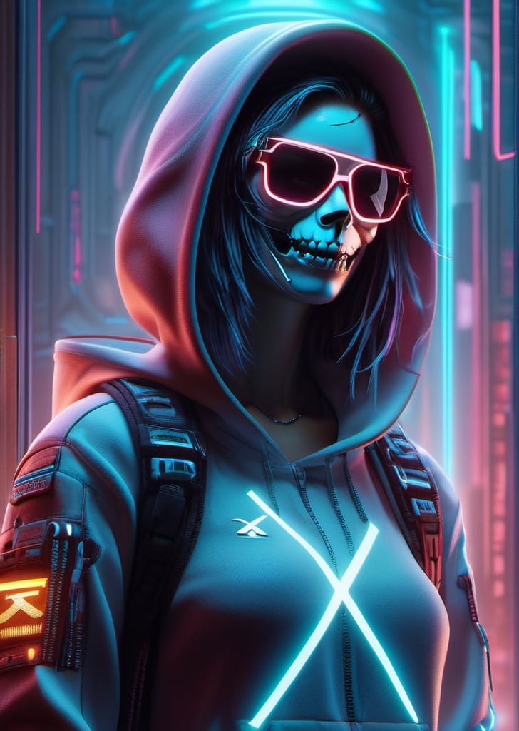 cyberpunk, sunglass,The long scar on the forehead is formed by a straight line drawn across many x marks, monkey skull, full detail body female, smily,smoking, detail nike jordan sneakers shoes, fashion, squat,ceramics, shoes, hoodie, croptop, logo,12k, water effect, blueoragenred, cinematic, minimalism fantastic background, ghost blade art style, fantastic, digital art, high detail, high detail skin, real skin, 8k, high_resolution, high quality, line code with glowing ancient characters, hdr:1.5, sharpness