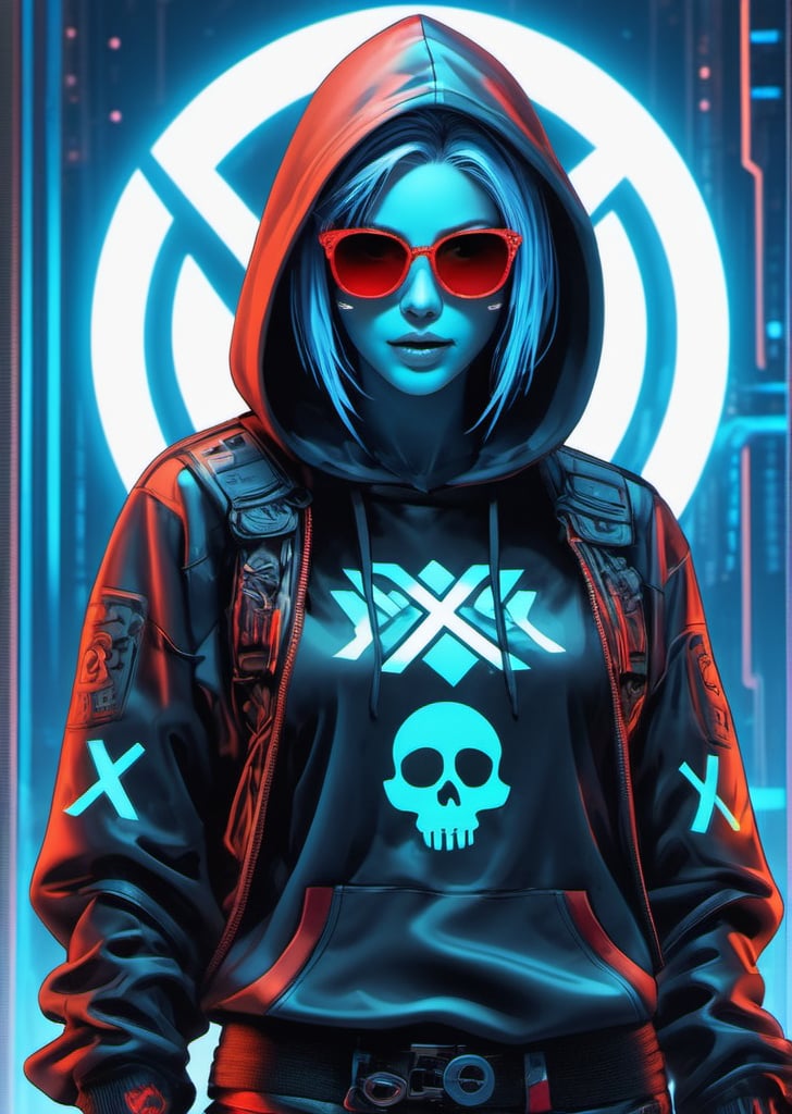 cyberpunk, sunglass,The long scar on the forehead is formed by a straight line drawn across many x marks, monkey skull, full detail body female, smily,smoking, detail nike jordan sneakers shoes, fashion, squat,ceramics, shoes, hoodie, croptop, logo,12k, water effect, blueoragenred, cinematic, minimalism fantastic background, ghost blade art style, fantastic, digital art, high detail, high detail skin, real skin, 8k, high_resolution, high quality, line code with glowing ancient characters, hdr:1.5, sharpness