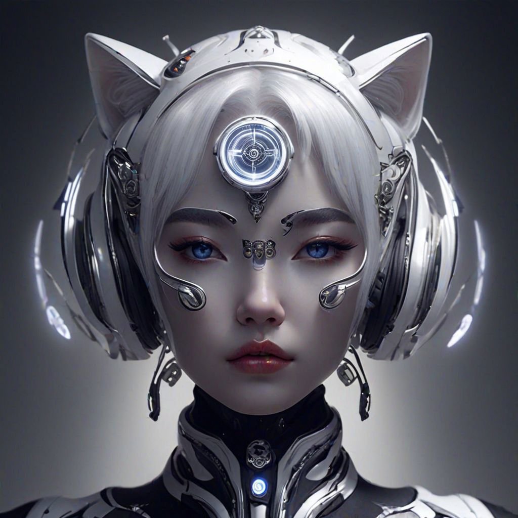 (masterpiece, best quality, ultra-detailed:1.2), 1girl, white hair, perfect curves,  futuristic face and a cat's head on her face, with a clock in her forehead
