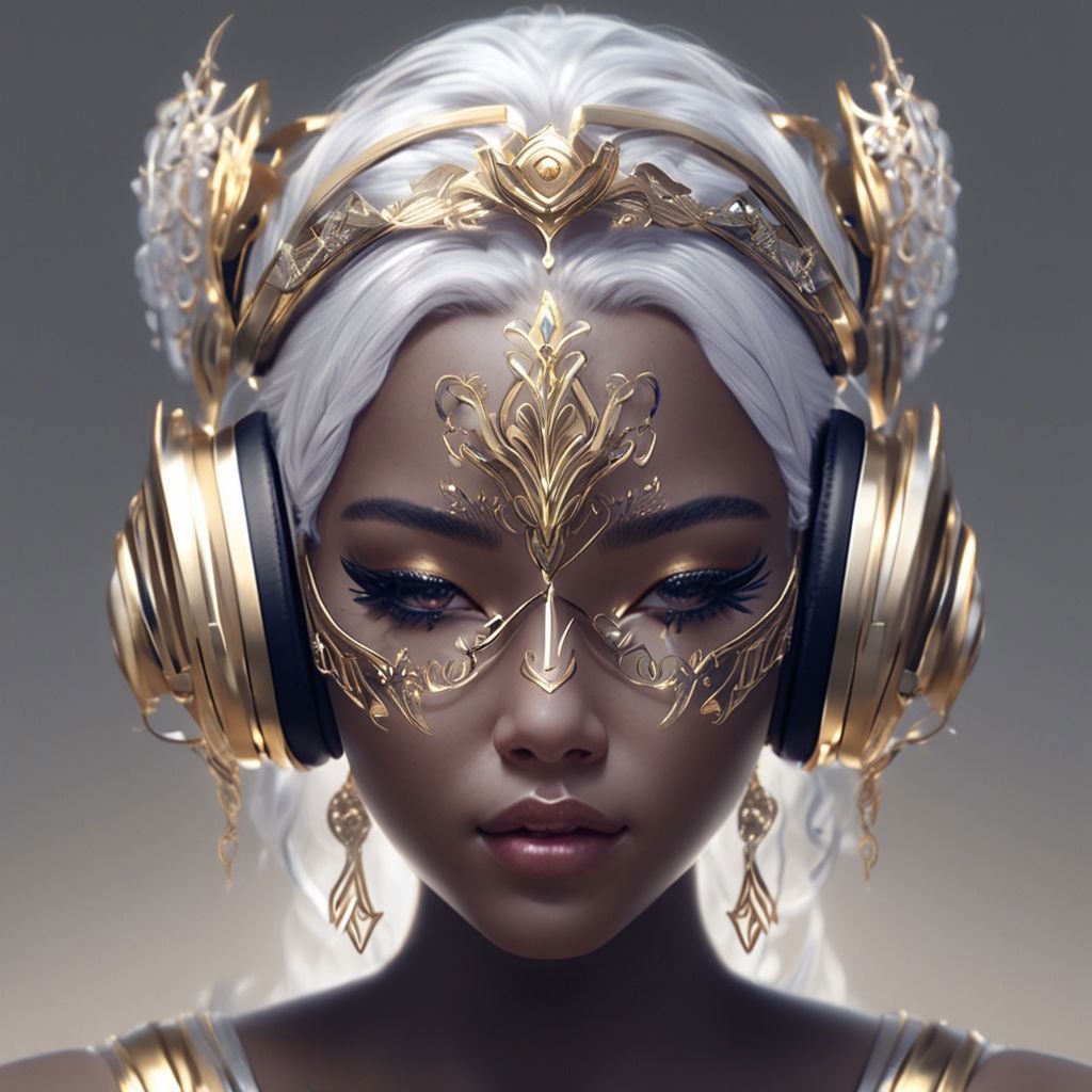 (masterpiece, best quality, ultra-detailed:1.2), 1girl, white hair, perfect curves, with headphones and a mask on her face is wearing headphones and a gold headband