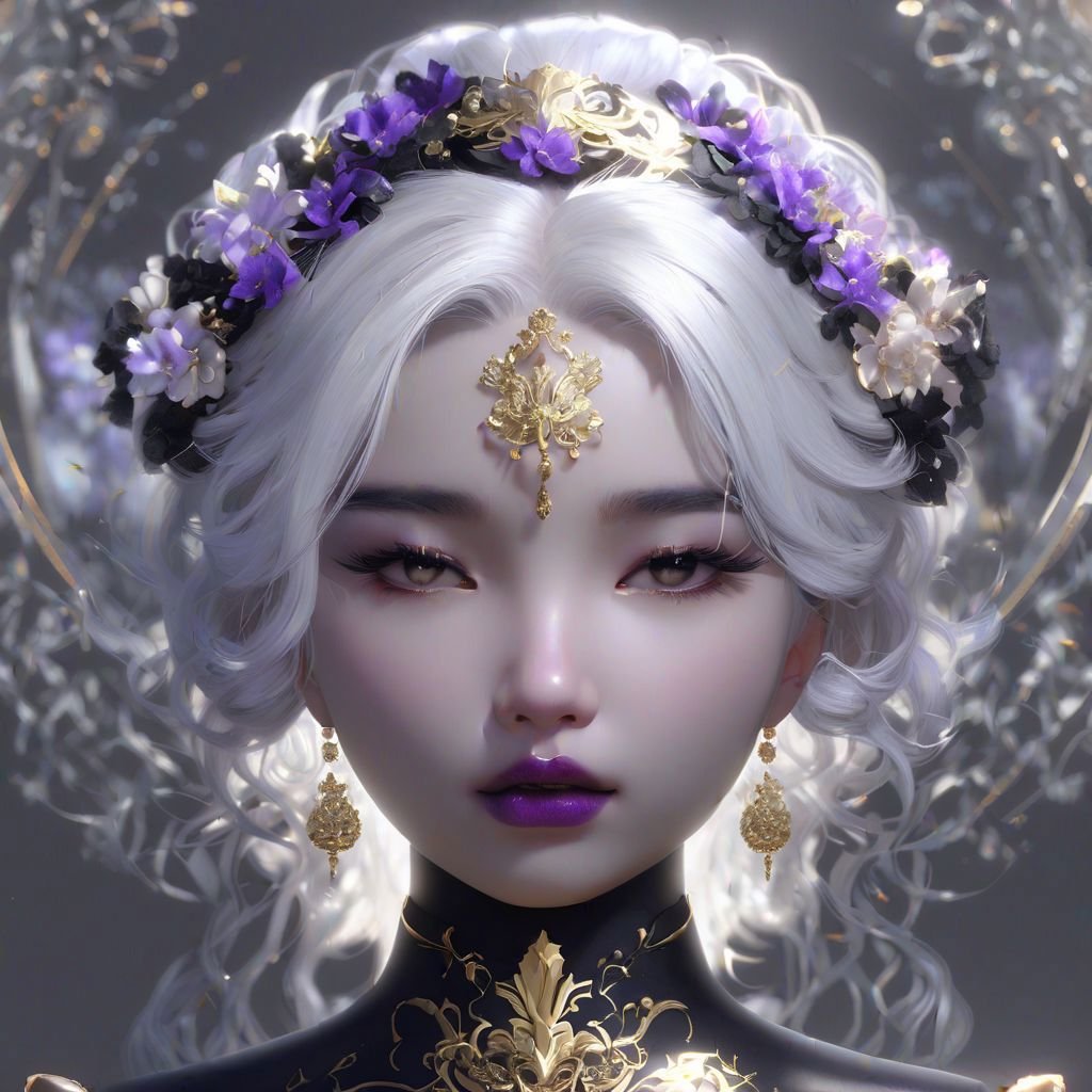 (masterpiece, best quality, ultra-detailed:1.2), 1girl, white hair, perfect curves, wearing a black dress and a gold and purple flower in her hair