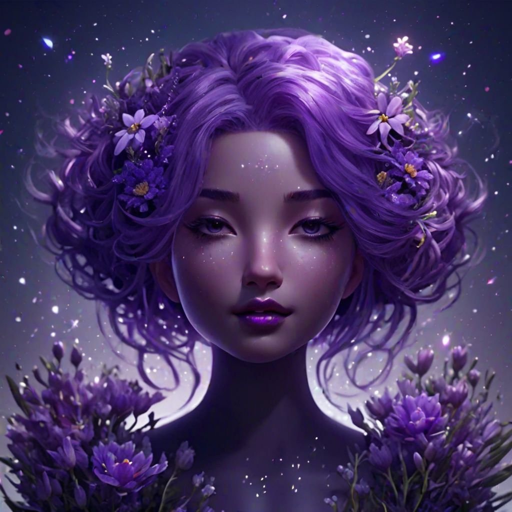 (masterpiece, best quality, ultra-detailed:1.2), 1girl, purple hair, perfect curves, purple flowers in hair, makeup, (celestial background:1.2)