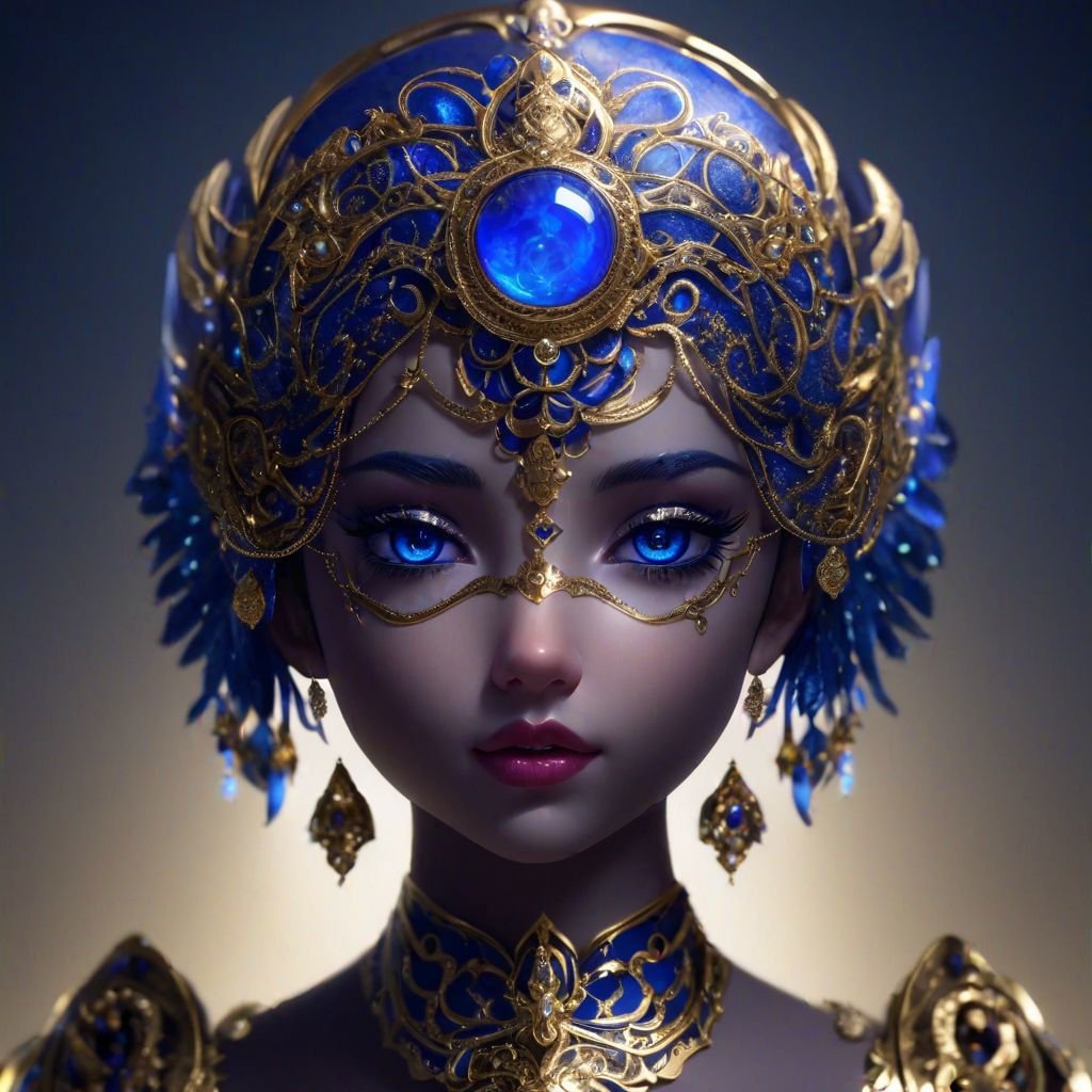 (masterpiece, best quality, ultra-detailed:1.2), 1girl, perfect curves, blue eyes and a headpiece with gold decorations on her head and a blue eyeliner