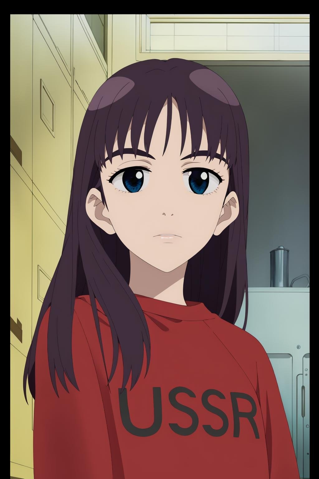 ((best quality)),((highly detailed)),masterpiece,absurdres,detailed face,beautiful face,(detailed eyes, deep eyes),1girl,((dynamic pose)) ,  <lora:EriV1:0.8>,eri, solo, long hair, shirt, looking at viewer, red shirt, upper body, clothes writing, blue eyes, purple hair, thick eyebrows, parted lips, night, bangs, frown, door, indoors, sweater, looking down