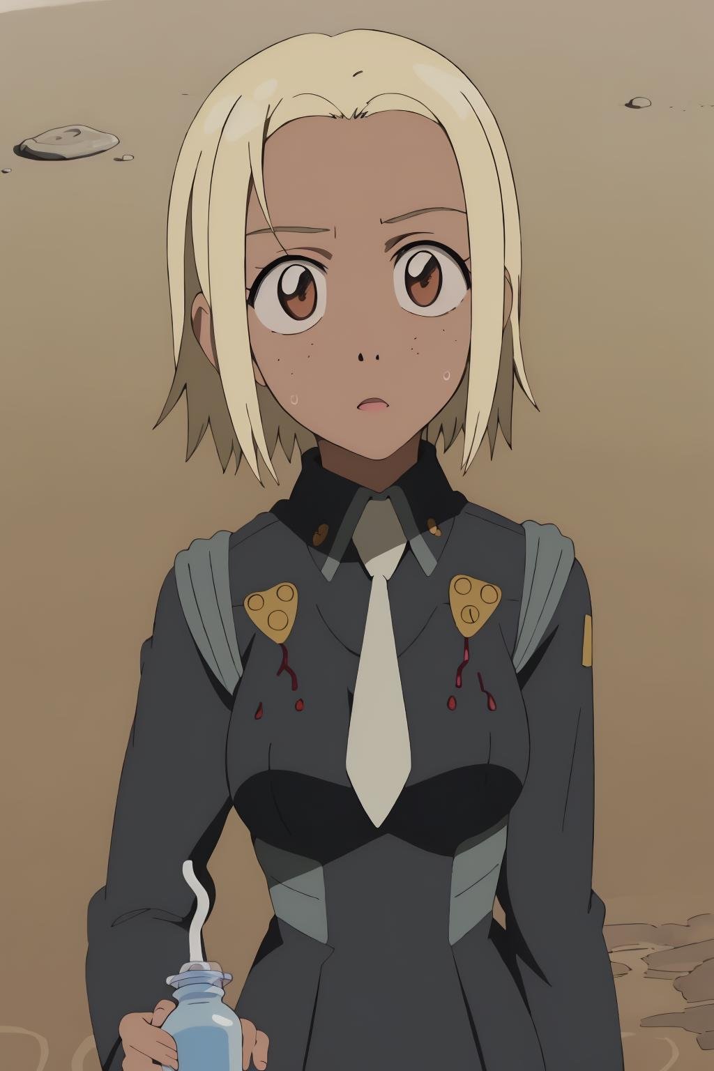 ((best quality)),((highly detailed)),masterpiece,absurdres,detailed face,beautiful face,(detailed eyes, deep eyes),1girl,((dynamic pose)) ,   <lora:KitsurubamiV1:0.8>, kitsurubami, solo, blonde hair, dark skin, dark-skinned female, uniform, brown eyes, gun, necktie, military uniform, military, open mouth, weapon, short hair, looking at viewer, handgun, holding, holding gun, holding weapon, bottle, water, upper body, long sleeves, :o