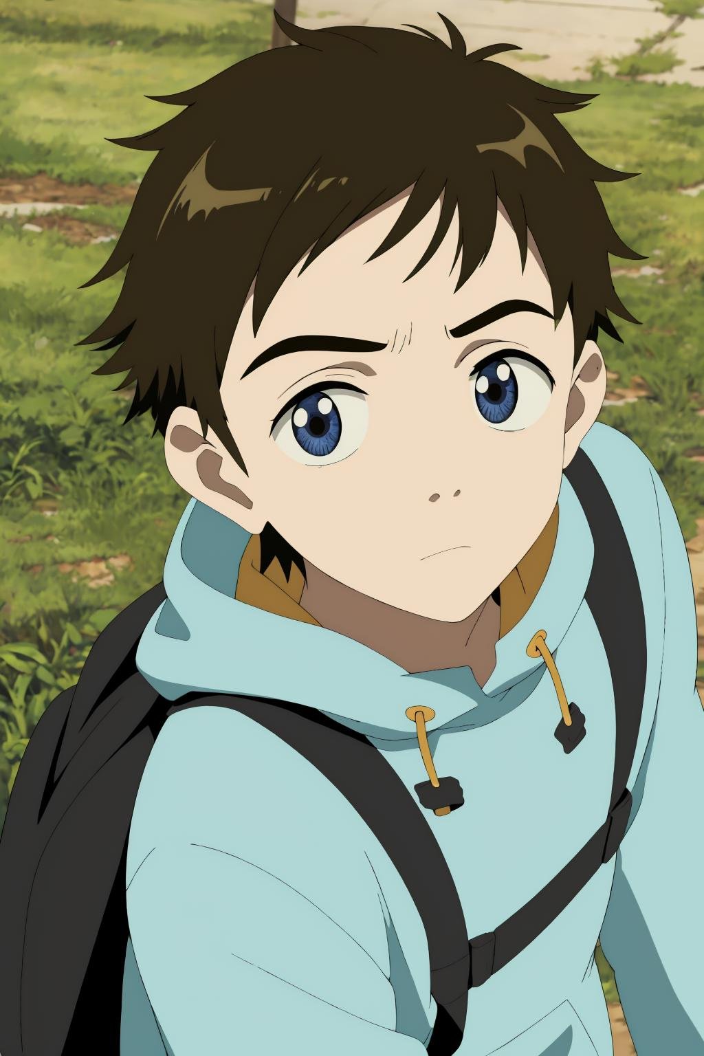 ((best quality)),((highly detailed)),masterpiece,absurdres,detailed face,beautiful face,(detailed eyes, deep eyes),1boy,((dynamic pose)) , <lora:NaotaV1:0.8>naota, brown hair, solo, hood, blue eyes, male child, looking at viewer, hoodie, outdoors, upper body, child, short hair, closed mouth, grass, hat, expressionless, frown, shirt, looking up