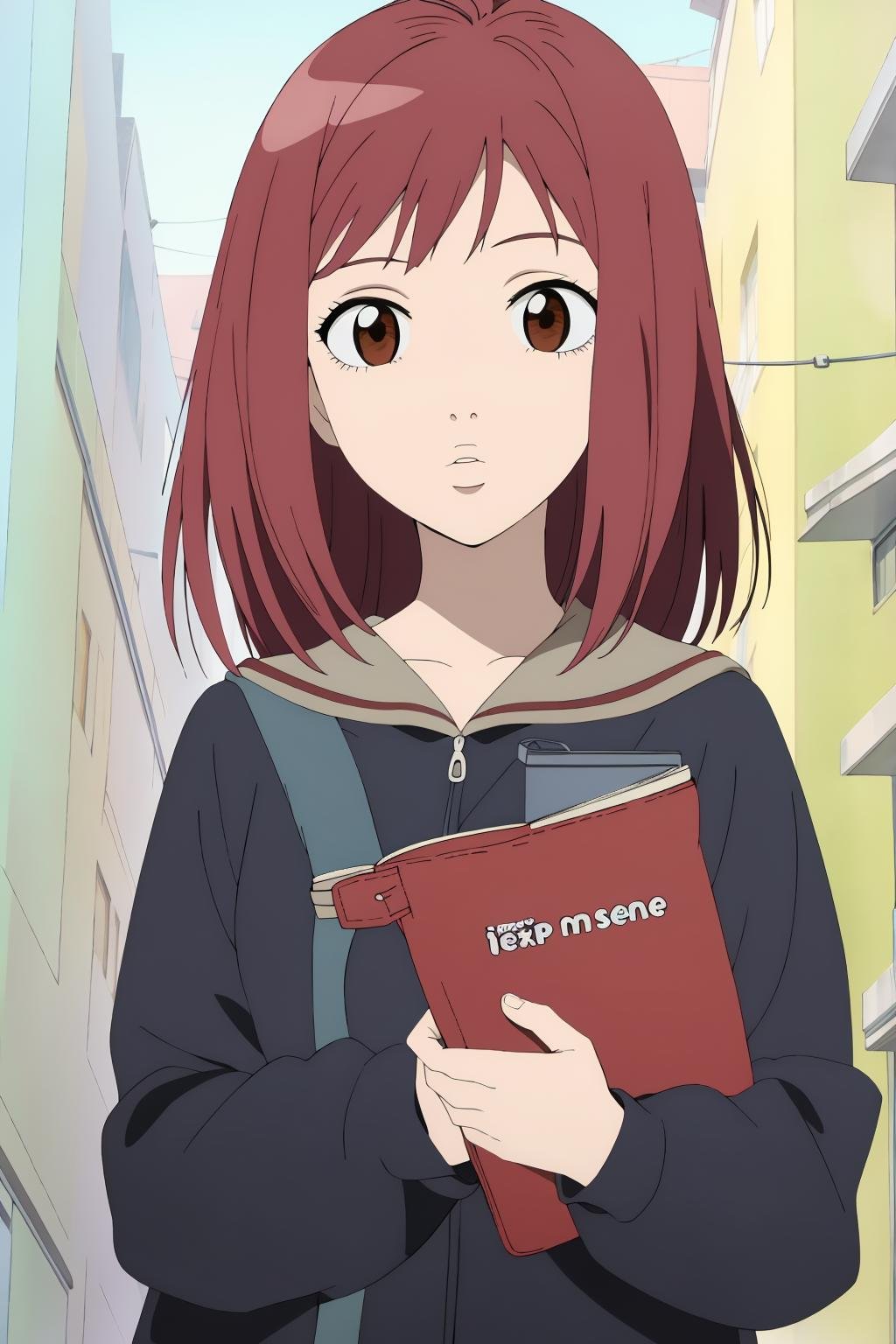 ((best quality)),((highly detailed)),masterpiece,absurdres,detailed face,beautiful face,(detailed eyes, deep eyes),1girl,((dynamic pose)) ,  <lora:MamimiV1:0.8>mamimi, solo, red hair, brown eyes, school uniform, short hair, looking at viewer, bag, long sleeves, jacket, holding, expressionless, upper body, closed mouth, medium hair, outdoors, serafuku, bangs