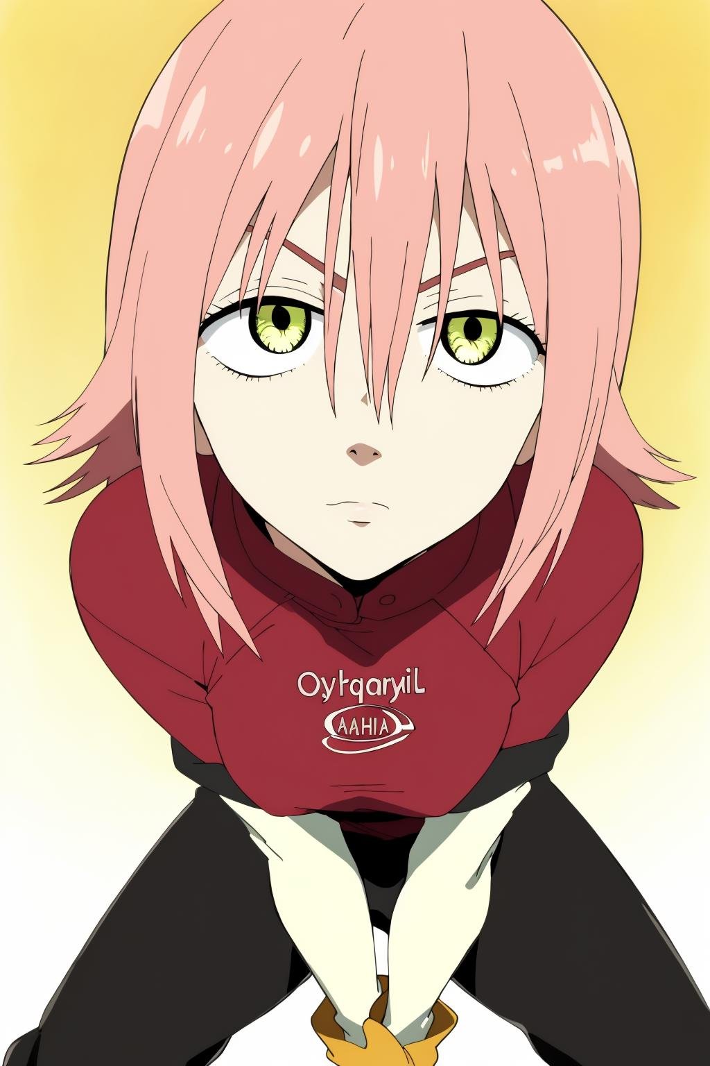 ((best quality)),((highly detailed)),masterpiece,absurdres,detailed face,beautiful face,(detailed eyes, deep eyes),1girl,((dynamic pose)) ,   <lora:HarukoV1:0.8>haruko, yellow eyes, solo, gloves, short hair, pink hair, long sleeves, hair between eyes, pants, bangs, gradient background, gradient, closed mouth, shirt, shaded face, breasts, spiked hair, simple background, short sleeves