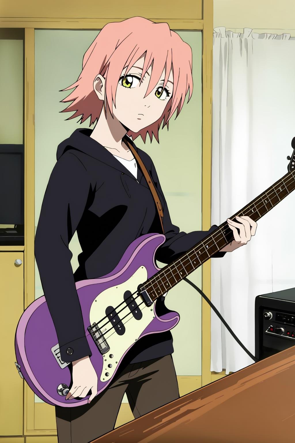((best quality)),((highly detailed)),masterpiece,absurdres,detailed face,beautiful face,(detailed eyes, deep eyes),1girl,((dynamic pose)) ,   <lora:HarukoV1:0.8>haruko, solo, guitar, instrument, yellow eyes, pink hair, short hair, pants, electric guitar, indoors, looking at viewer, bass guitar