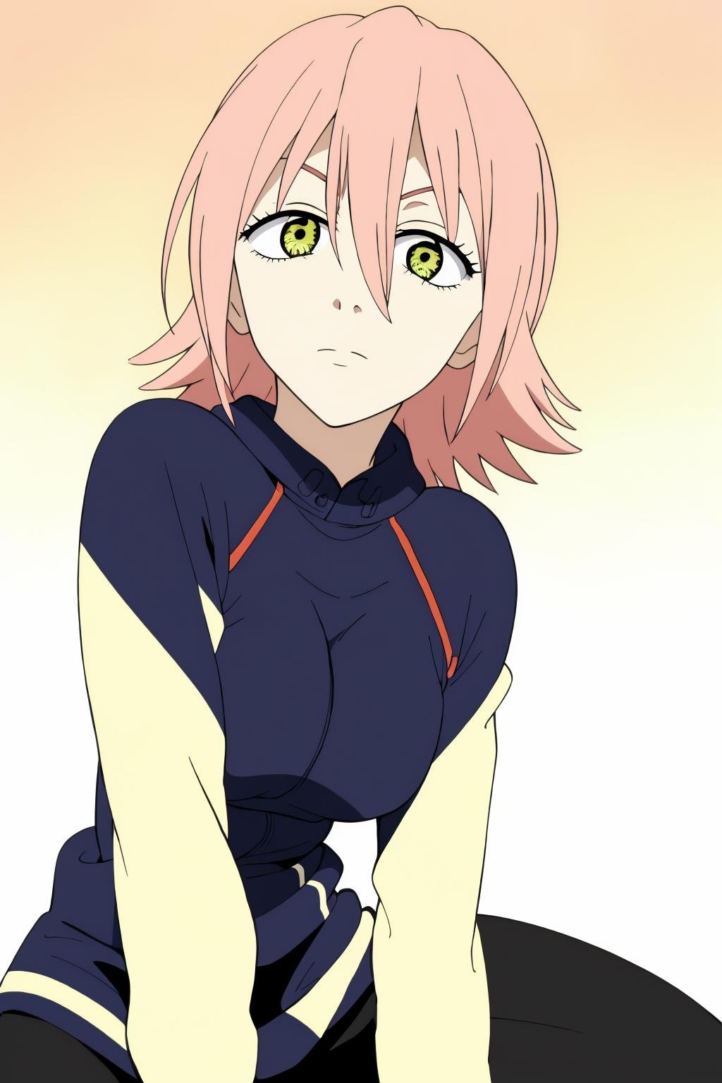 ((best quality)),((highly detailed)),masterpiece,absurdres,detailed face,beautiful face,(detailed eyes, deep eyes),1girl,((dynamic pose)) ,   <lora:HarukoV1:0.8>haruko, yellow eyes, solo, gloves, short hair, pink hair, long sleeves, hair between eyes, pants, bangs, gradient background, gradient, closed mouth, shirt, shaded face, breasts, spiked hair, simple background, short sleeves