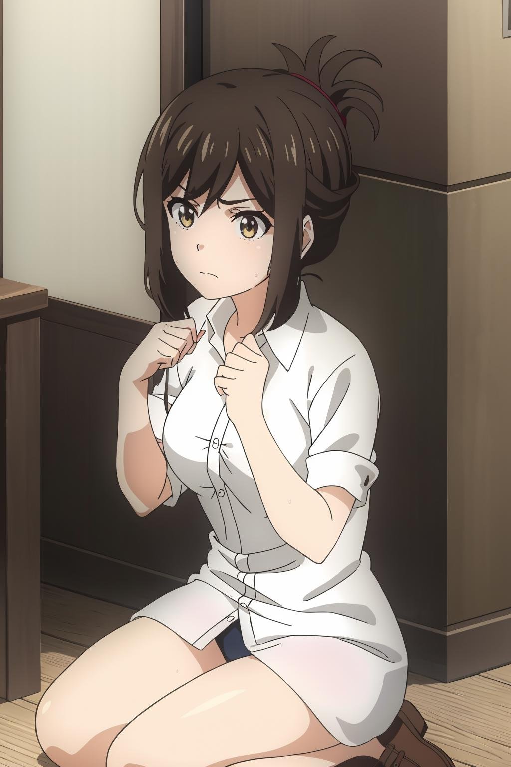 ((best quality)),((highly detailed)),masterpiece,absurdres,detailed face,beautiful face,(detailed eyes, deep eyes),1girl,((dynamic pose)) ,   <lora:KanaV1:0.8>Kana, brown hair, solo, brown eyes, shirt, folded ponytail, sitting, sidelocks, sweatdrop, sweat, white shirt, shaded face, frown, indoors, dress shirt, collared shirt, bangs, short sleeves, hair up, short hair, closed mouth, sleeves rolled up