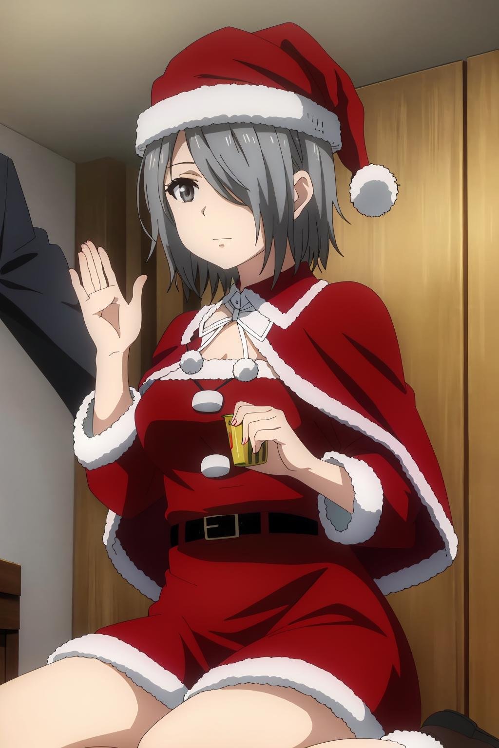 ((best quality)),((highly detailed)),masterpiece,absurdres,detailed face,beautiful face,(detailed eyes, deep eyes),1girl,((dynamic pose)) , <lora:animemix_v3_offset:0.8><lora:ChizuruV1:0.7>Chizuru, hat, short hair, santa costume, grey eyes, santa hat, hair over one eye, grey hair, belt, capelet, fur trim, christmas, solo, holding, indoors, sitting, red capelet, red dress, dress, solo focus, red headwear, breasts, long sleeves, medium breasts, out of frame, expressionless, fur-trimmed capelet, fur-trimmed headwear, closed mouth