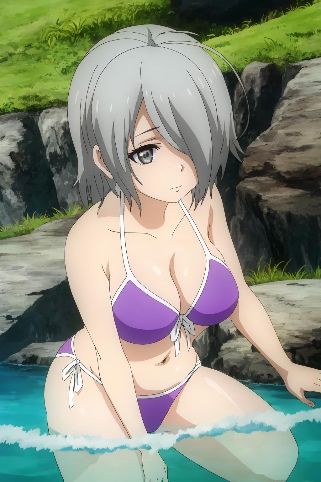 ((best quality)),((highly detailed)),masterpiece,absurdres,detailed face,beautiful face,(detailed eyes, deep eyes),1girl,((dynamic pose)) , <lora:animemix_v3_offset:0.8><lora:ChizuruV1:0.8>Chizuru, swimsuit, solo, bikini, breasts, short hair, grey hair, cleavage, purple bikini, ahoge, hair over one eye, grey eyes, navel, large breasts, collarbone,  rock, outdoors, closed mouth, bangs, bare shoulders, day