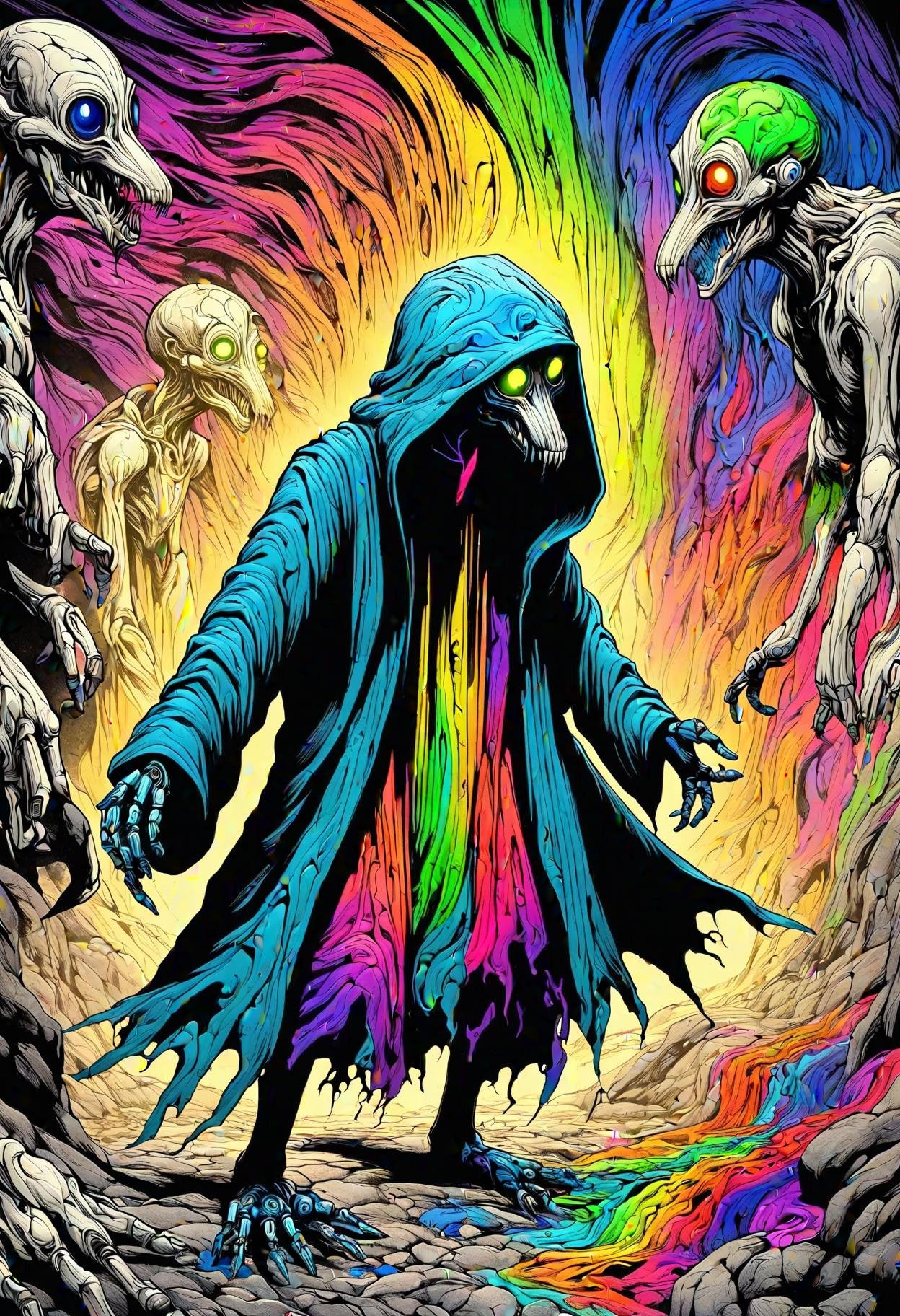 DonMM3l4nch0l1cP5ych0XL,vibrant, psychodelic, chupacabra, dark hooded floating humanoid entity, cloaked in tattered hooded robes, ghostly diffuse lower body, face hidden under hood, no distinct features, drains happiness and positive emotions, cold despair inducing aura, soul sucking kiss, fear, despair, darkest aspects of magic, robotic,research-oriented,carcinogenic,rocky terrain,vibrant energy,future-proof,unearthly ,  <lora:DonMM3l4nch0l1cP5ych0XL-000004:0.8>