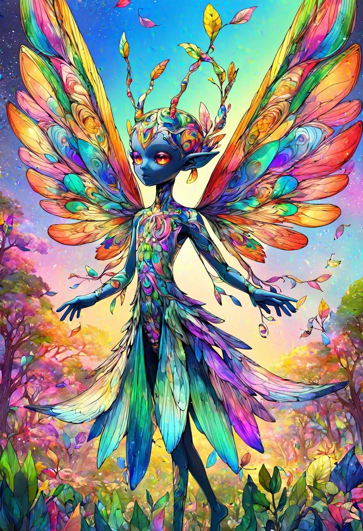 DonMM3l4nch0l1cP5ych0XL,vibrant, psychodelic, enenra, tiny humanoid creature with wings, delicate graceful appearance, transparent opalescent iridescent wings, pointed ears, colorful ethereal clothing, nature inspired attire, made of petals and leaves, __Bo/clothings/magical/unisex/accessories__, playful ,  <lora:DonMM3l4nch0l1cP5ych0XL-000004:0.8>