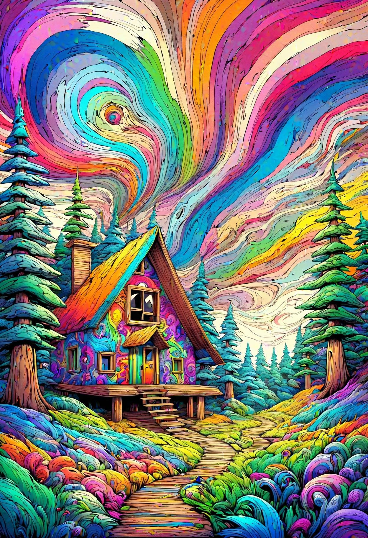 DonMM3l4nch0l1cP5ych0XL,vibrant, psychodelic, forest home in tundra biome,  <lora:DonMM3l4nch0l1cP5ych0XL-000004:0.8>