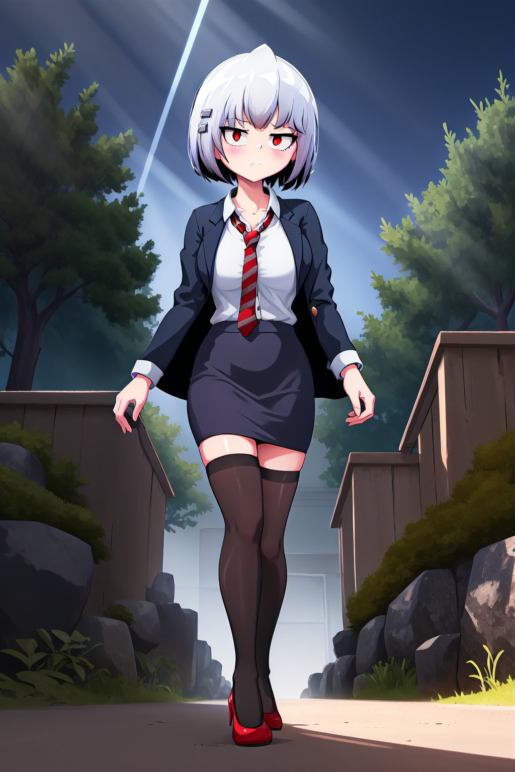 (extremely detailed fine touch:1.2), masterpiece, best quality, highly quality,
BREAK, 
KirieBonin, 1girl, solo, alone, bob cut, silver hair, hair clips, red eyes, black coat, black vest, white shirt, horizontal-striped red necktie, black pencil skirt, black thighhighs, red high heels, bored, closed_mouth, looking at viewer, walking, better_hands, perfect hands, 
BREAK, 
outdoors, trees, pine trees, detailed background, complex_background, (cinematic lighting, dramatic lighting, epic lighting, light rays, ray tracing:1.2)