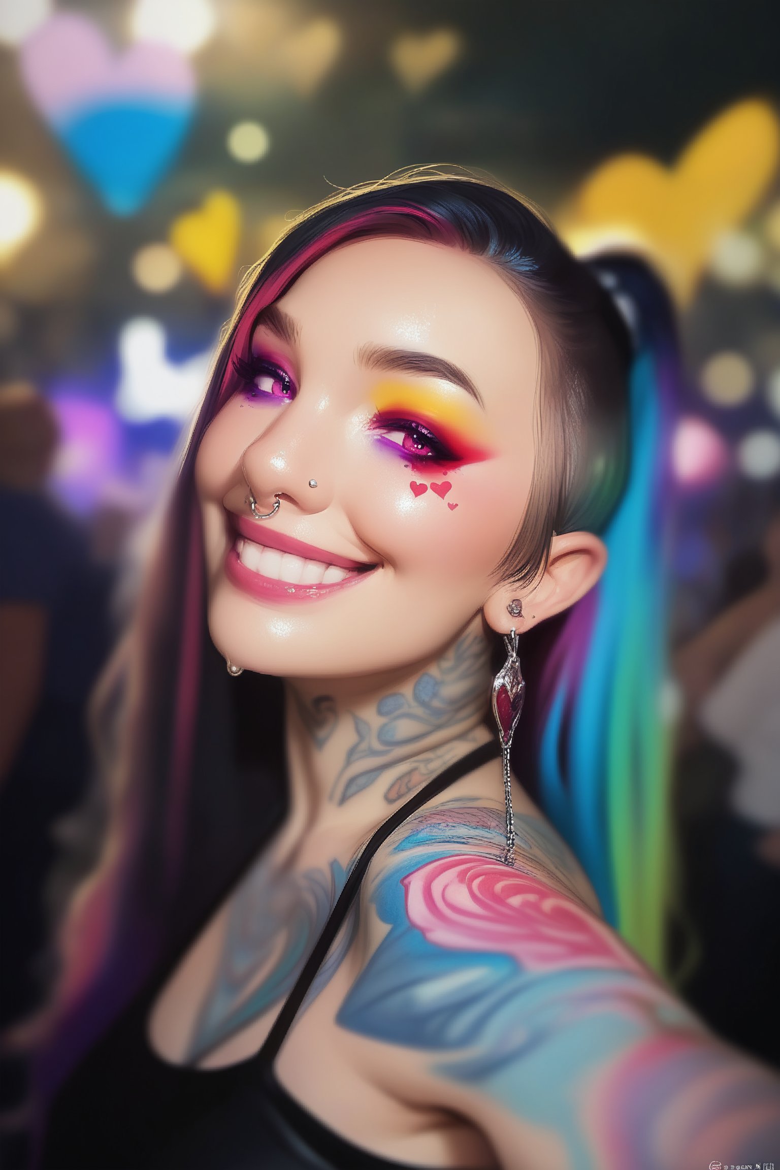 score_9,score_8_up, score_7_up, score_6_up, score_5_up, score_4_up, futanari, looking at viewer, fair skin, bobbed hair, ((raver girl, colorful makeup, piercings, tattoos)), breasts, thicc, curvy,((penis,flaccid, testicles)), (lascivious grin), posed, pinup girl, hearts, covered in dripping cum, dripping pre cum, hyper realism, photo realistic, 8k, digital slr,glitter, nightime, music festival, lasers, bokeh,pink-emo