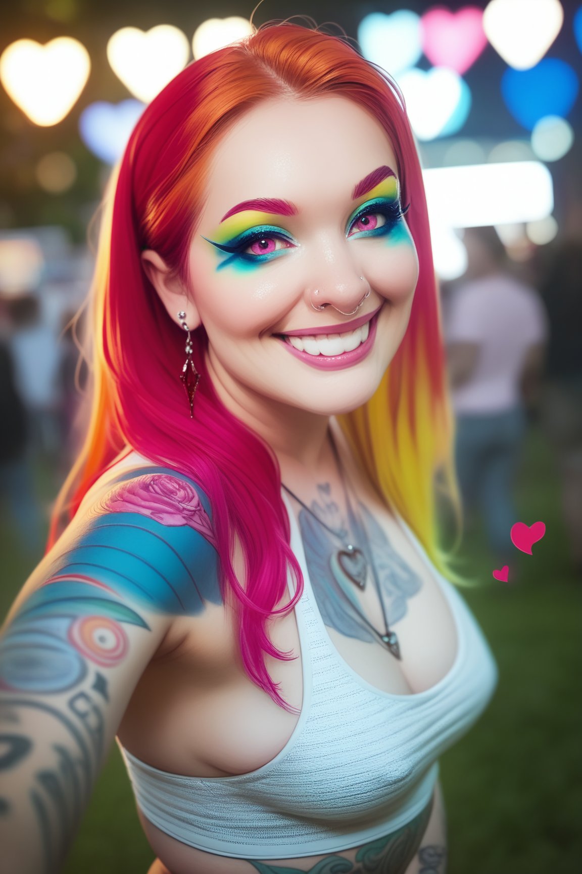score_9,score_8_up, score_7_up, score_6_up, score_5_up, score_4_up, futanari, looking at viewer, fair skin, bobbed hair, ((raver girl, colorful makeup, piercings, tattoos)), breasts, thicc, curvy,((normal penis,flaccid, testicles)), (lascivious grin), posed, pinup girl, hearts, covered in dripping cum, dripping pre cum, hyper realism, photo realistic, 8k, digital slr,glitter, nightime, music festival, lasers, bokeh,pink-emo