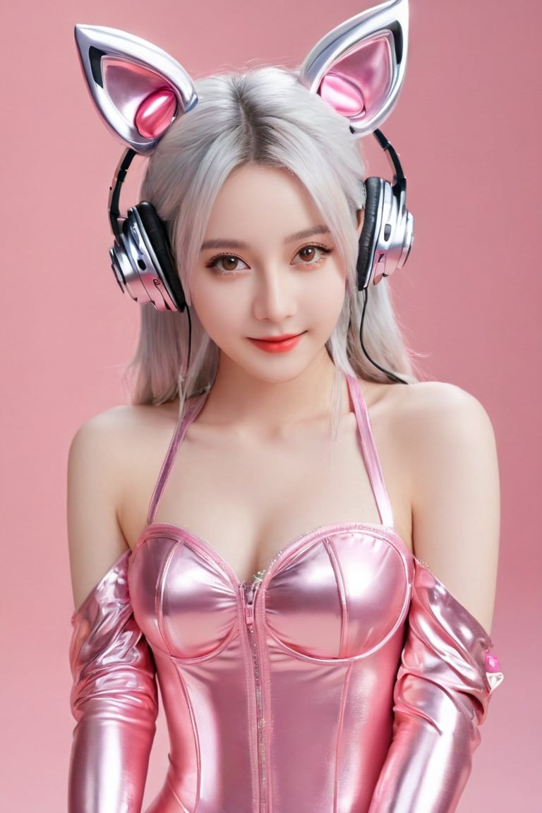 (dilraba:1),best quality, ultra high res, (photorealistic:1.4),masterpiece,1girl, Kpop idol,(aegyo sal:1.0),puffy eyes,(City of ruins),alice \(nikke\),(pink bodysuit),((animal ear headphones)),(shiny clothes),twintails,(latex bodysuit),(rubber suit),shoes,(cleavage),(slender),((white hair)),(silver hair),(gray hair),((red pupil)),(looking at viewer),(smile),Happy,(long hair),nsfw,depth of field,detail face, shiny skin, nice detailed eyes, heavy eye makeup, slim waist, blush, detailed eye makeup,perfect anatomy,(pureerosface_v1:0.1),((pink coloured contacts)),dilraba