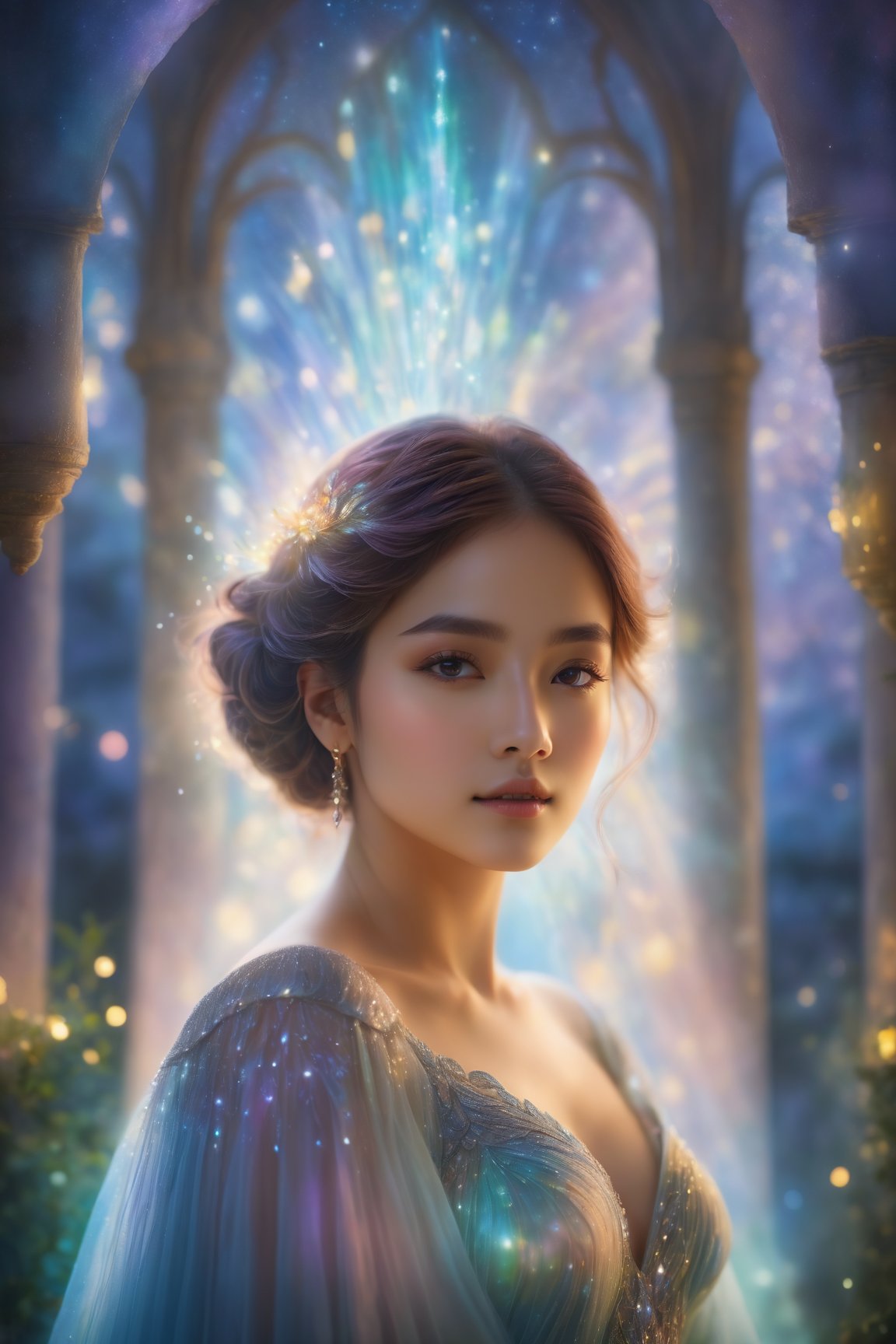 (best quality,8K,highres,masterpiece), ultra-detailed, featuring a woman adorned in an off-shoulder dress that emits a soft, ethereal light, creating a magical atmosphere around her. Her short hair appears to be infused with the same radiant glow, adding to the enchanting mood of the scene. The backdrop consists of blurred lights, their glow enhancing the ethereal ambiance and conveying a sense of wonder and enchantment. The woman's presence is captivating, as she stands amidst this luminous backdrop, exuding an aura of mystery and beauty. This artwork transports viewers to a world of magic and fantasy, where light and color intertwine to create a mesmerizing spectacle that captures the imagination.