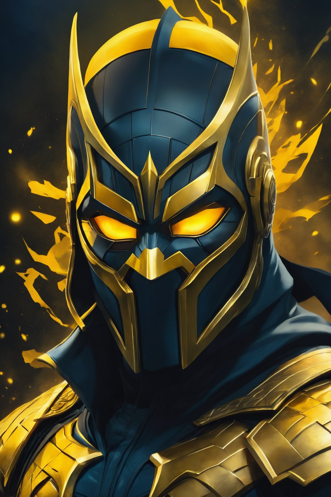 (best quality,8K,highres,masterpiece), ultra-detailed, (solo, male focus) illustration showcasing an upper body portrait of a boy with intense yellow, glowing eyes. The subject is looking directly at the viewer, creating a powerful connection. He's depicted with a muscular build, emphasizing strength and vigor. His appearance is further defined by a hood up over his head and a mask covering his mouth, adding an air of mystery and intrigue. The mask and eyes emit a subtle yet captivating glow, highlighting his unique characteristics. The overall composition combines elements of realism and fantasy, creating a compelling and memorable visual.