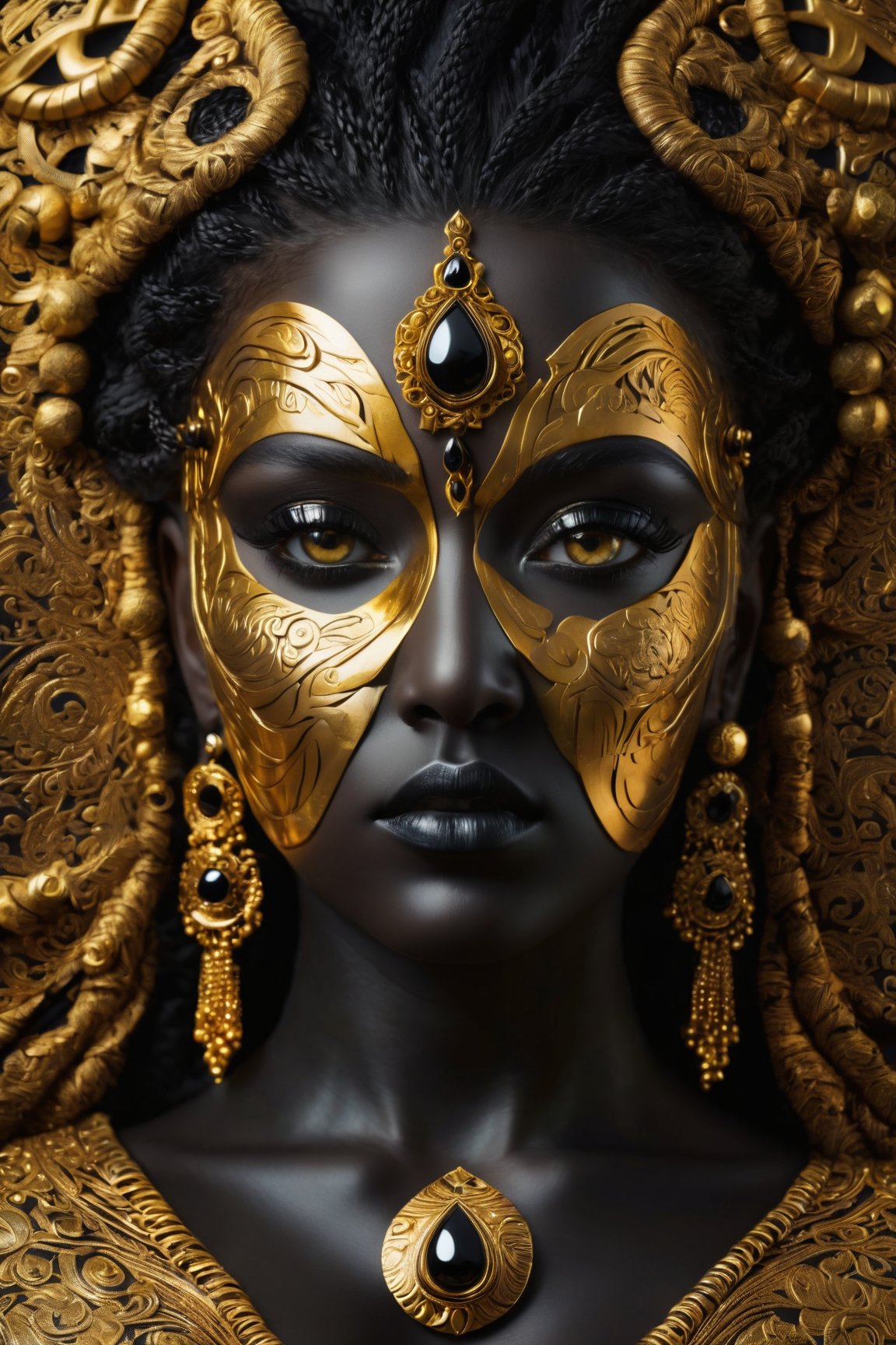 (best quality,8K,highres,masterpiece), ultra-detailed, (captivating black metalist), depiction of a captivating black metalist face with blackened eyes, featuring matte black eyes and intricate golden VA designs delicately adorning the face with golden beads. The image is rendered in high definition, capturing every nuanced detail of the metalist's expression and the ornate golden patterns that embellish their visage. The contrast between the dark, mysterious eyes and the shimmering gold creates a visually striking and enigmatic composition, inviting viewers to delve into the depths of the metalist's persona.