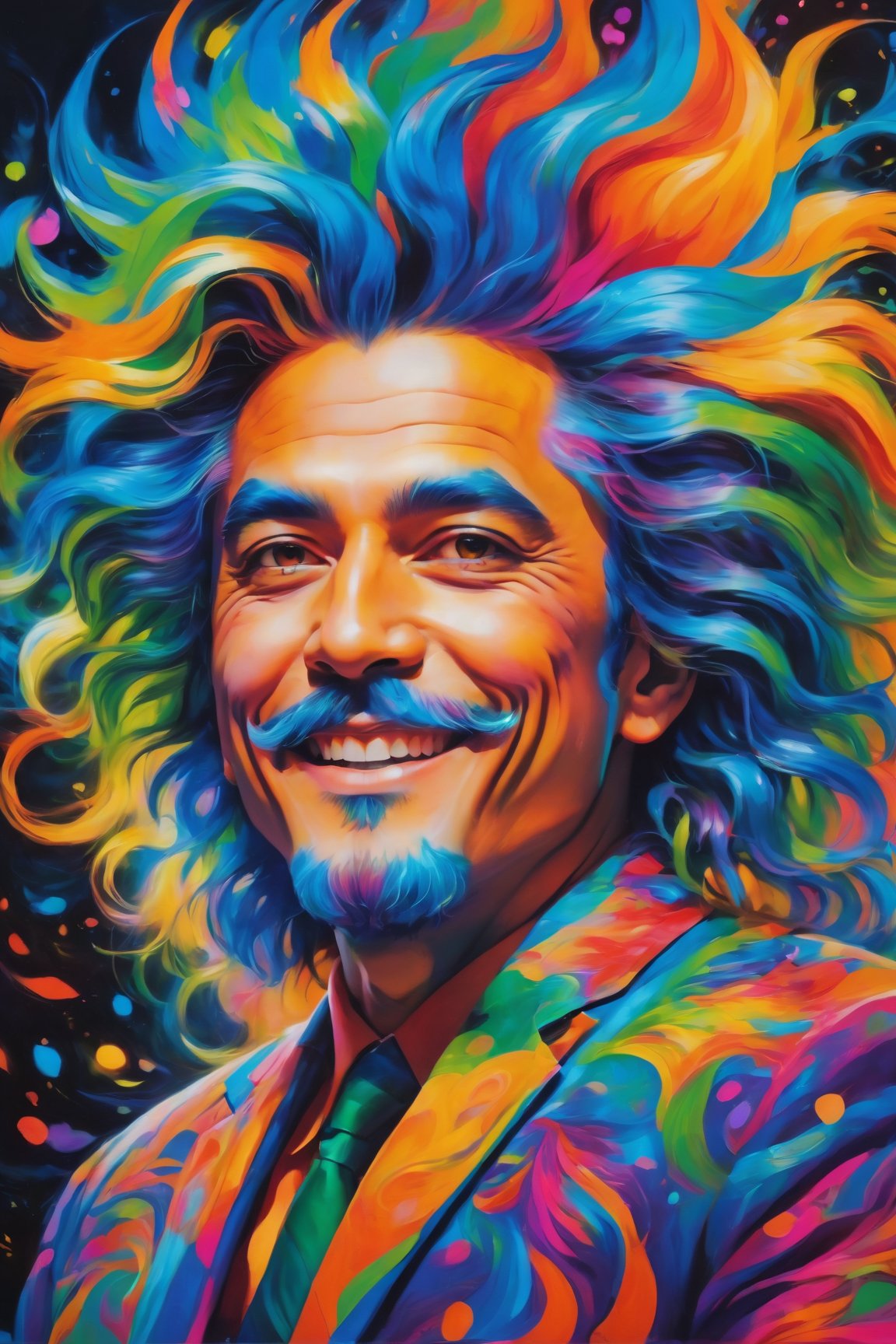 (best quality, 8K, highres, masterpiece), ultra-detailed, (super colorful, vibrant), in a mesmerizing and swirling composition, an ethereal madman with wild, multi-hued hair and an enigmatic, mischievous grin captivates viewers. The neon painting bursts with a kaleidoscope of vivid and contrasting shades that bring the character to life in a dazzling display of colors. Elongated limbs and vibrant, pointed facial features add an element of energetic expression and intrigue, while the artist's intricate and vibrant brushwork showcases a masterful skill and unwavering attention to detail. This high-quality image transports us into a world of awe-inspiring wonder, evoking a sense of curiosity and fascination