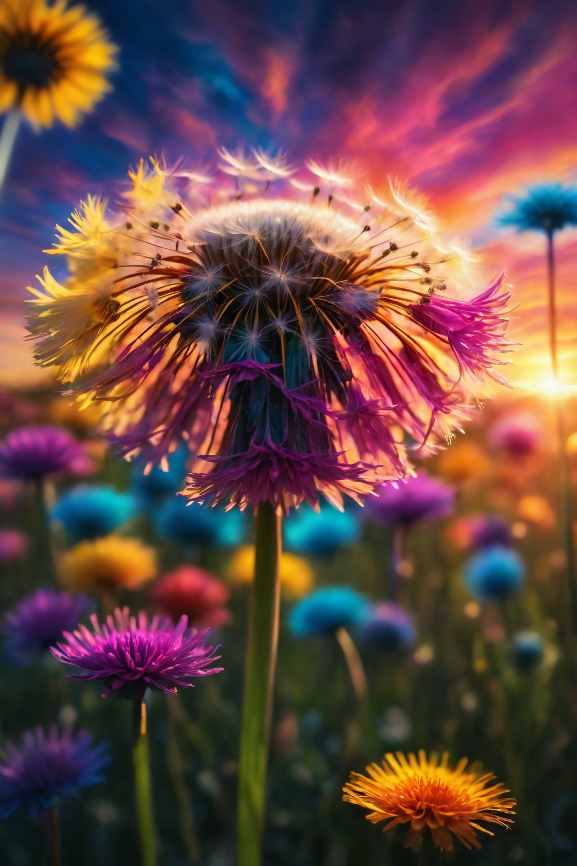 (best quality,8K,highres,masterpiece), ultra-detailed, (hyper-colorful, vivid), photograph capturing dandelions against a glorious and super colorful sunset. Shot by the renowned photographer Lee Jeffries using a Nikon D850, the film stock used is Kodak Portra 400, resulting in rich and vibrant colors. The f1.6 lens adds a lifelike texture to the scene, while dramatic lighting enhances the overall effect, creating a hyper-realistic portrayal. Trending on ArtStation and utilizing Unreal Engine, this Cinestill 800 masterpiece is a burst of super colorful beauty