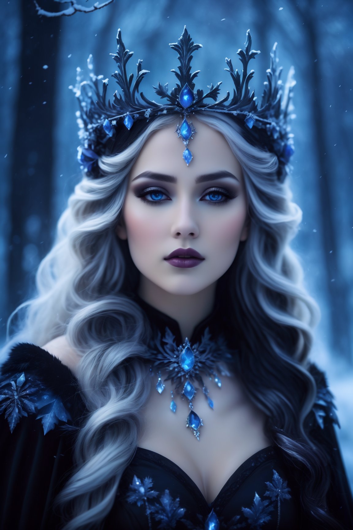 best quality, ultra-detailed, realistic, dark queen, snow, beautiful detailed eyes, long flowing hair, regal crown, dark makeup, pale skin, black dress, gloomy atmosphere, haunting shadows, mysterious, enchanted winter landscape, moonlight, queen's palace, ice crystals, frozen roses, ethereal beauty, cold breath, strong presence, stormy sky, ominous clouds, silent snowfall, glistening snowflakes, icy throne, winter spirit, drama and elegance, gothic art style, subtle color palette, luminous moonlight, soft candlelight, emotive lighting, contrasting highlights and shadows