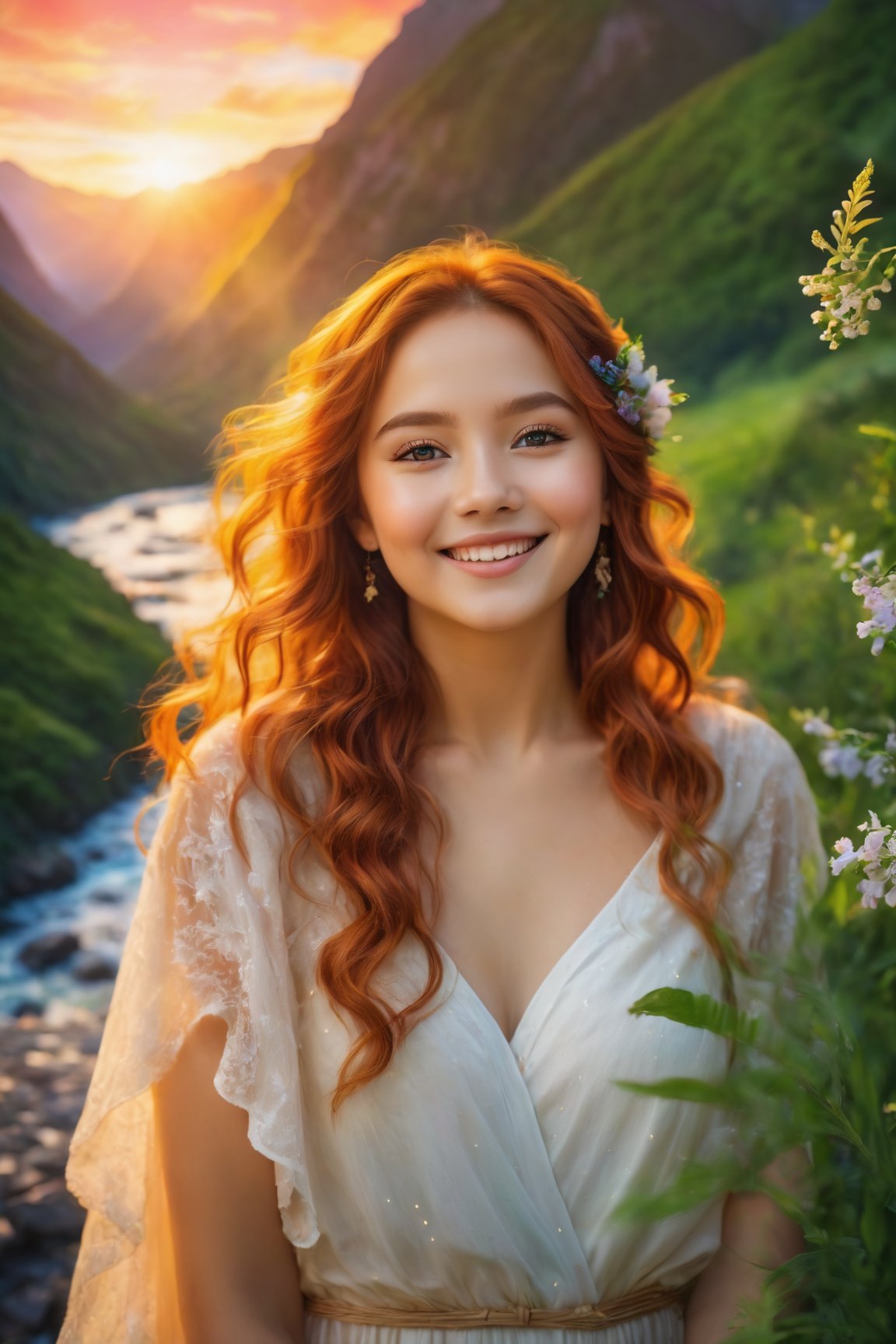 (best quality, 8k, highres, masterpiece:1.2), photorealistic, ultra-detailed, vibrant photography of a woman in nature, cute smile, dramatic lighting, finely detailed beautiful eyes, fine detailed skin, Natural scenery, majestic landscape, colorful flowers, distant mountains, flowing rivers, melting sunset, serene atmosphere, dazzling sunlight, blissful vibes, freckled face, luscious greenery, soft breeze, ethereal beauty