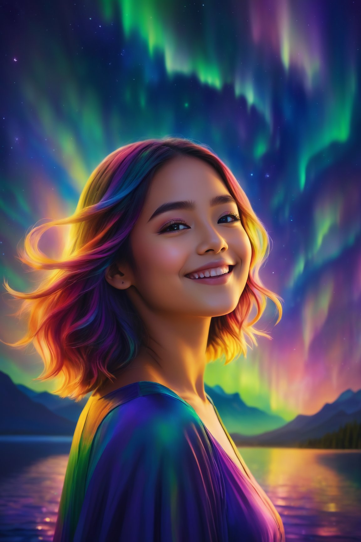 (best quality, 8K, highres, masterpiece), ultra-detailed, (super colorful, vibrant), enchanting image of a beautiful girl with a shoulder-length angled blunt-ends hairstyle. Her smile radiates warmth and positivity without any hint of arrogance. She stands gracefully under the mesmerizing glow of the aurora borealis in a vibrant night scene. The surrounding atmosphere is filled with a kaleidoscope of colors, creating a vibrant and ethereal dance of light. The girl embodies Nocturnal Grace, exuding Silent Luminescence amidst the Midnight Flutter of colors and the Whispering Silent beauty of the night. Every moment is an Iridescent Encounter with the Moonlit Shadow, celebrating a captivating and colorful display of artistry.