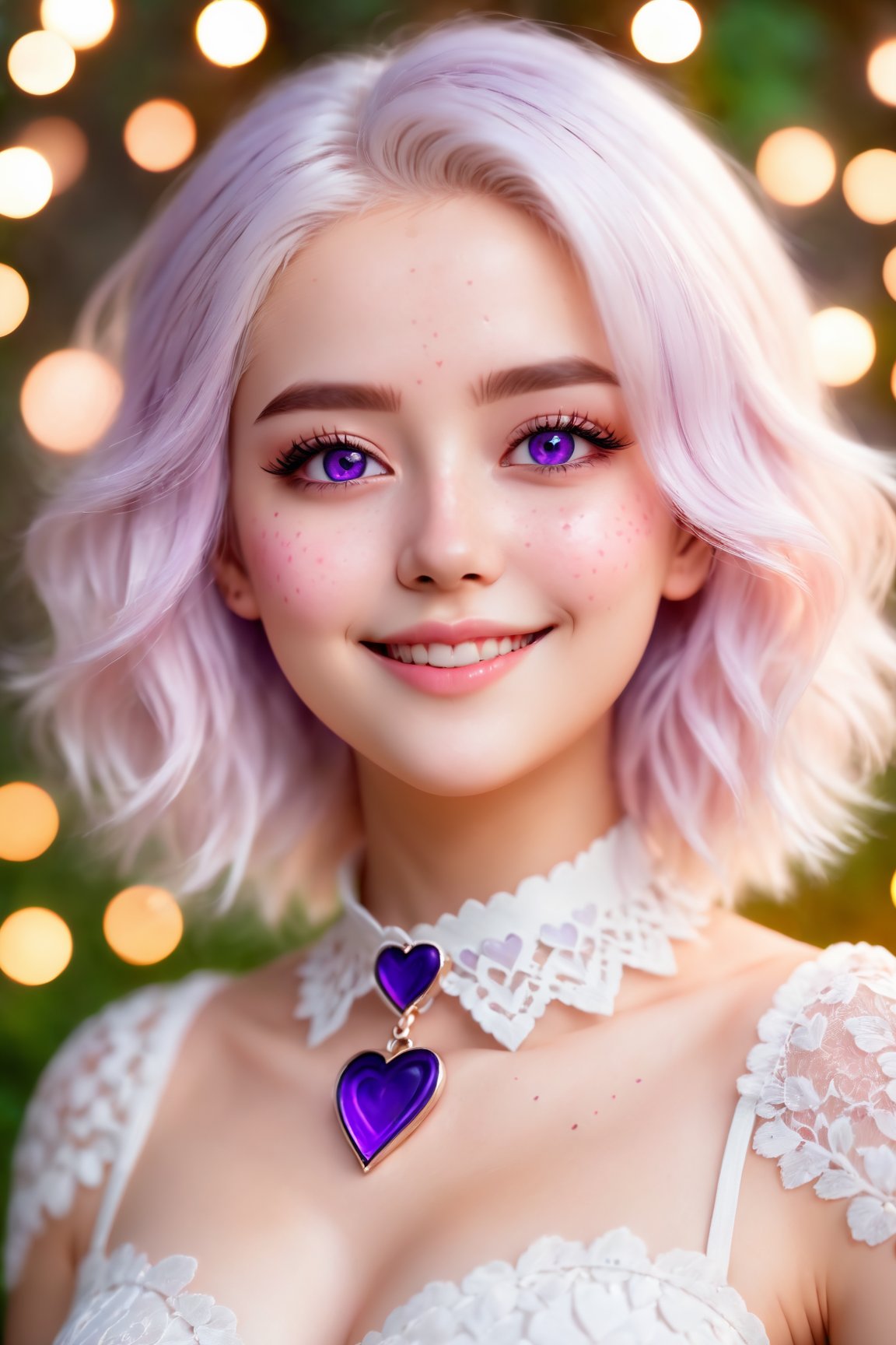 (best quality,8K,highres,masterpiece), ultra-detailed, (realistic portrait), 1girl, heart-shaped pupils, white hair, purple eyes, (blush:1.1), choker, upper body, trembling, sweat, sweatdrop, heart, (medium breasts:0.6), love, heart, crop top, happy, smile, lace, bokeh, (freckles:0.8), natural skin texture, portrait