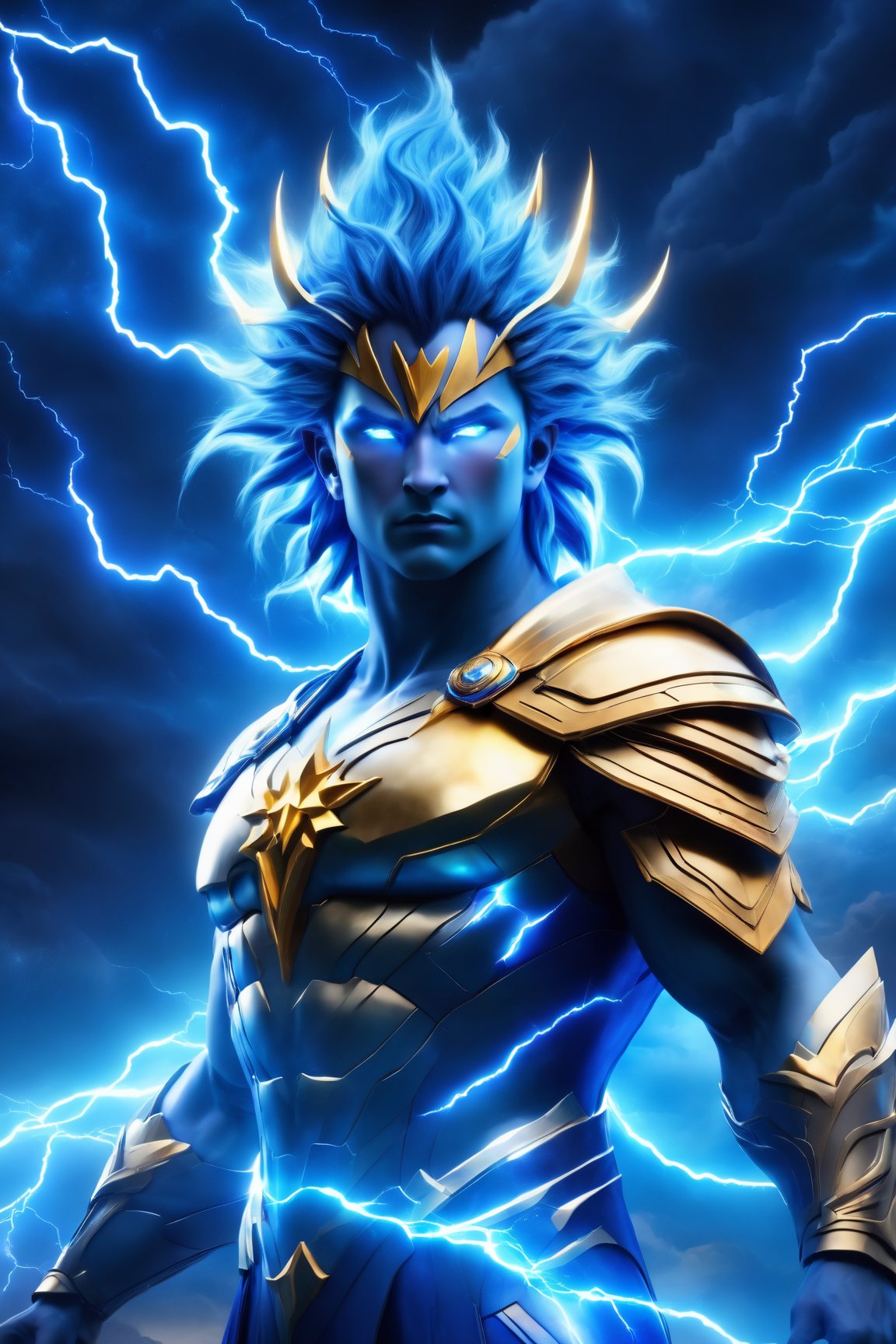 (Superb quality, 4K, detailed masterpiece), (Hyper-realistic, true-to-life) An awe-inspiring 4K portrait unveiling the majesty of the Storm Sovereign. Picture the electrifying presence of the Thunder God, casting vibrant bolts of lightning across the celestial canvas in a dazzling display of indigo and azure brilliance. Crafted with the finesse of cutting-edge rendering technologies like Unreal Engine and Quantum Wavetracing, the atmospheric ambiance is charged with an ethereal glow, surrounded by wisps of mystical energy and shimmering light particles.