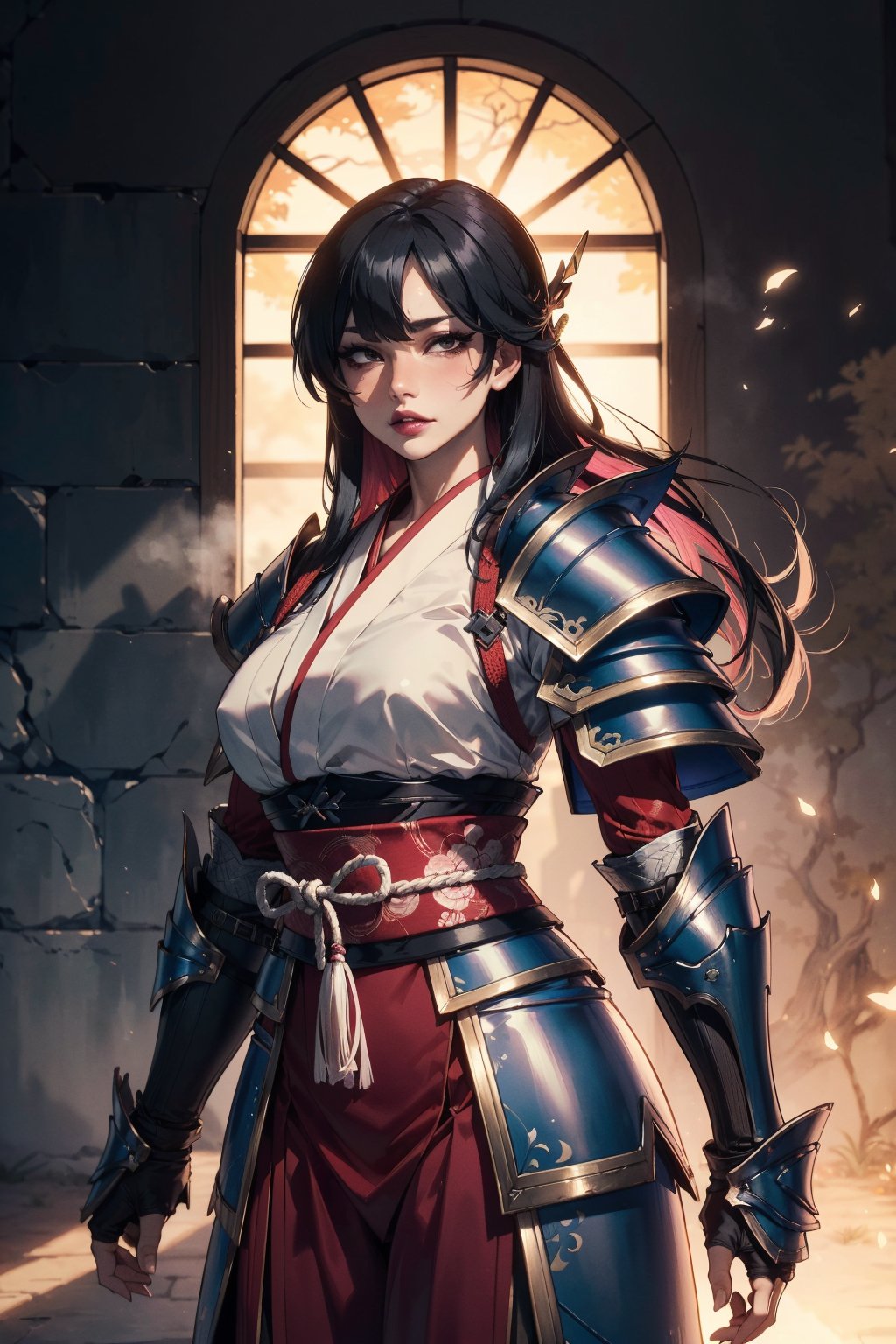 (masterpiece, best quality, volumetric lighting, detailed eyes), Japanese woman, samurai, (red samurai Armor), (fantasy armor, gauntlets), (edo era background), (shadow magic effect, shadow spell cgi), (isekai fantasy aesthetic), (muscular:0.7), (long hair, arched bangs, sharp edged hair, black hair), pink lips, black eyes, (cowboy shot)