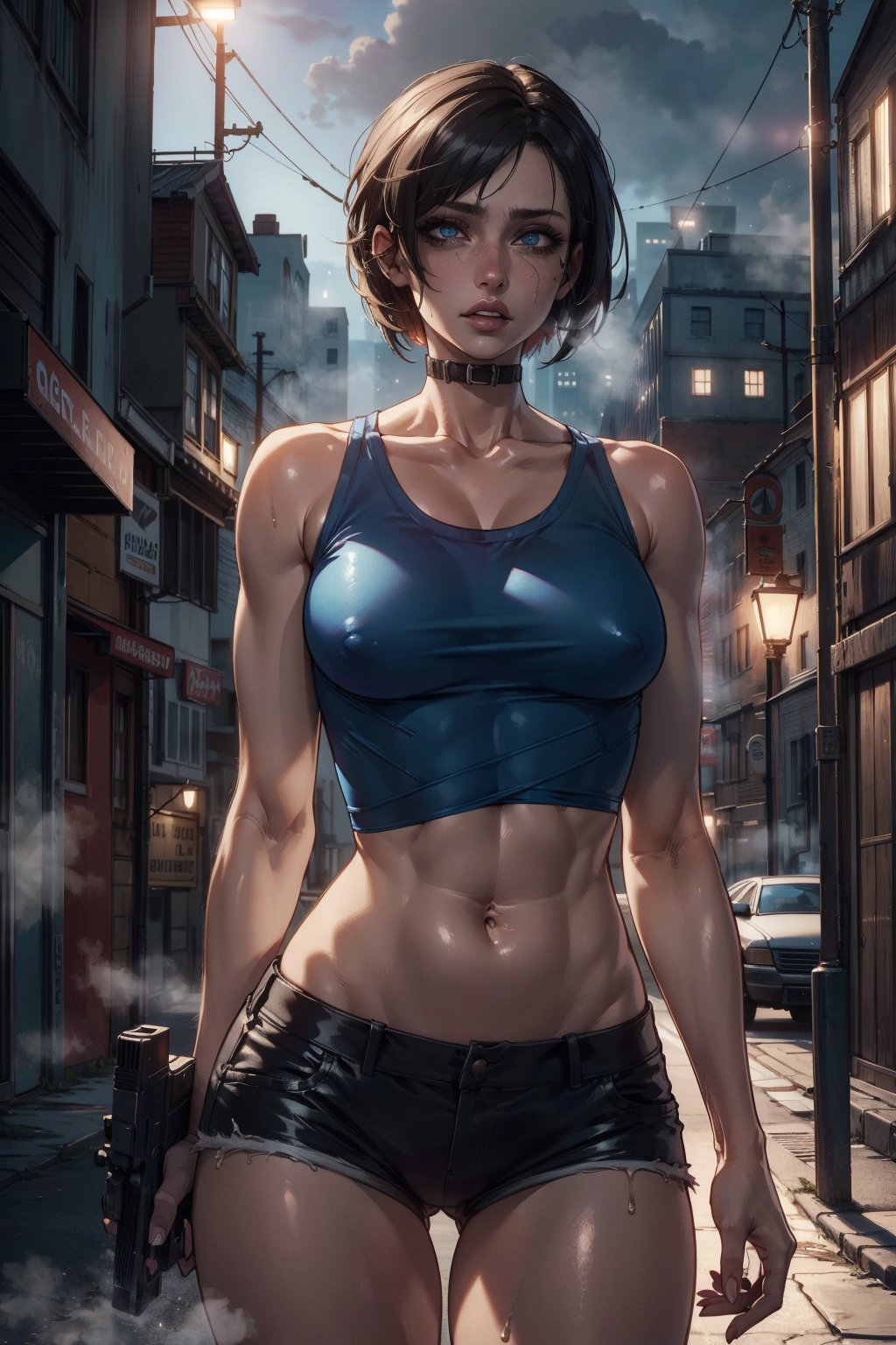 (masterpiece, best quality, high resolution),(extremely detailed, shiny skin, volumetric lighting), Cowboy shot of jill valentine, detailed eyes, short hair, steaming body, flat stomach, blue top, short shorts, resident evil, zombie apocalypse city background