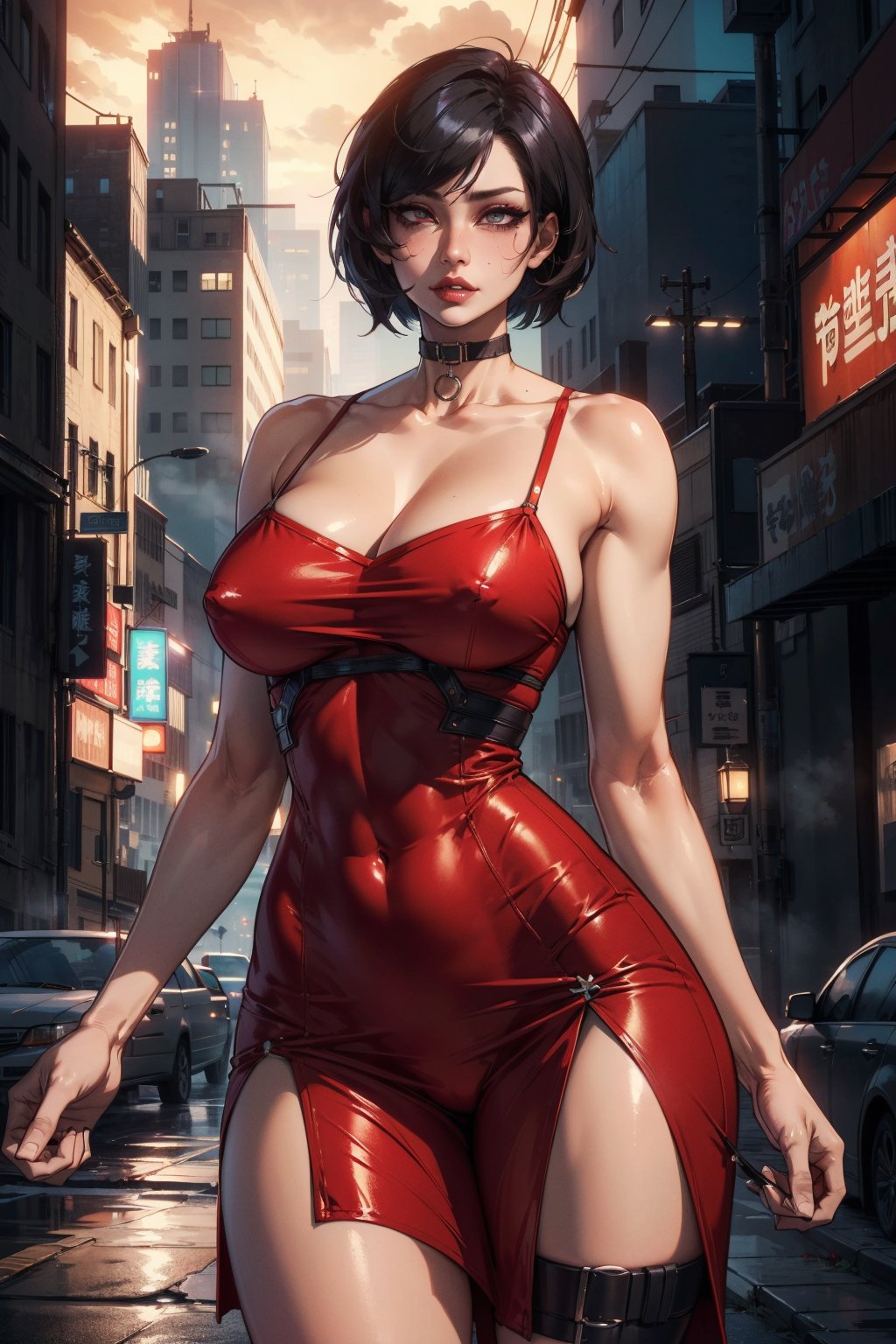 (masterpiece, best quality, high resolution),(extremely detailed, shiny skin, volumetric lighting, detailed eyes), mature woman, short hair, Ada wong, cowboy shot, asian women, red dress, spaghetti straps bodycon, long bodycon dress, choker, sleeveless, thigh slit, black choker, thigh_holster, looking at viewers, (apocalypse city background)