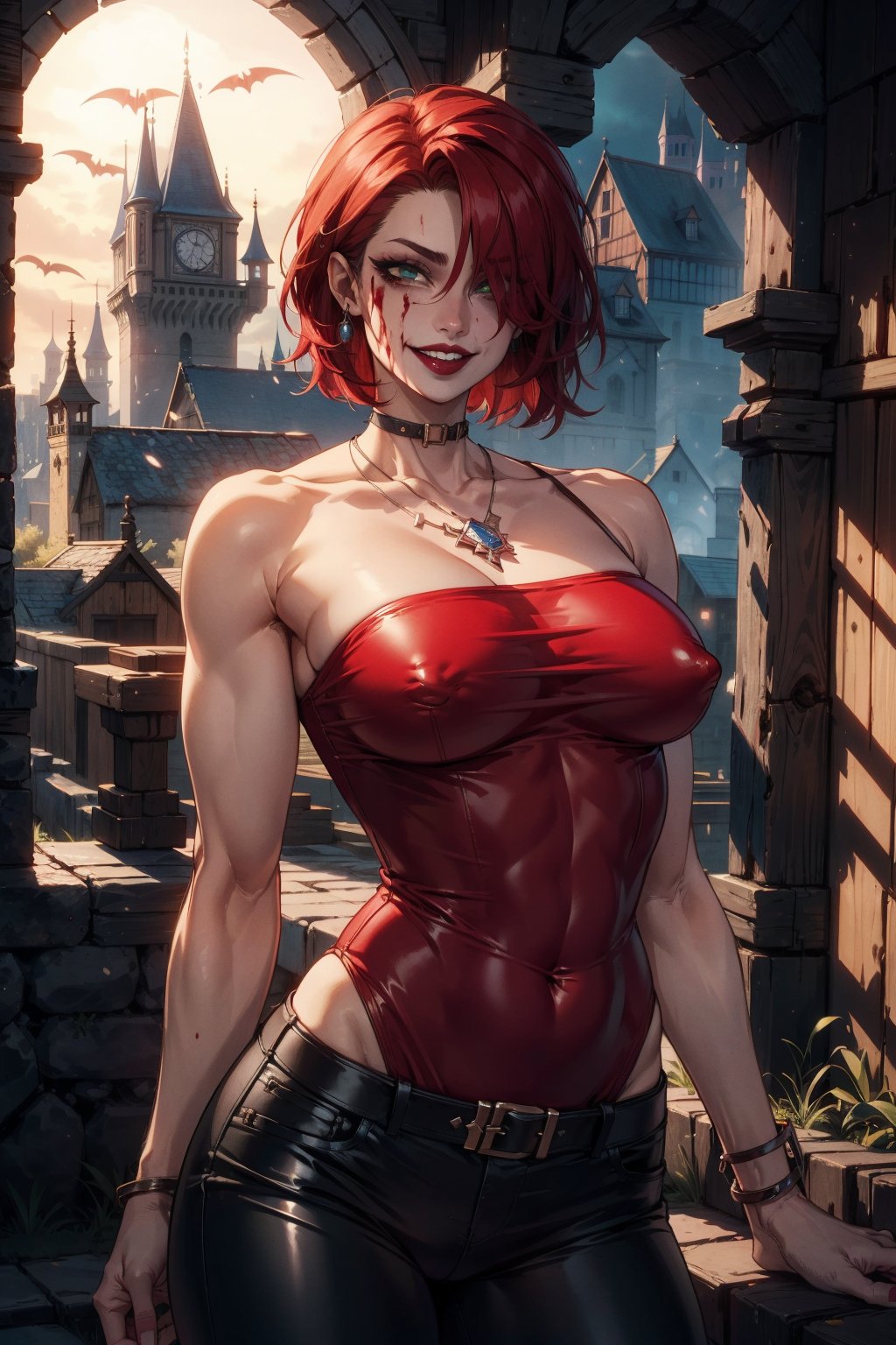 (masterpiece, best quality, volumetric lighting, detailed eyes), cowboy shot of rayne, blood rayne, green eyes, evil smile, red lips, vampire mouth, blood on mouth, ([red  |black], top:0.5), vampire necklace, medium boobs, long top, sleeveless, spaghetti shoulder strap top, leather pant, red hair, short hair, (castlevania, vampire castle, skinny torso, midnight)