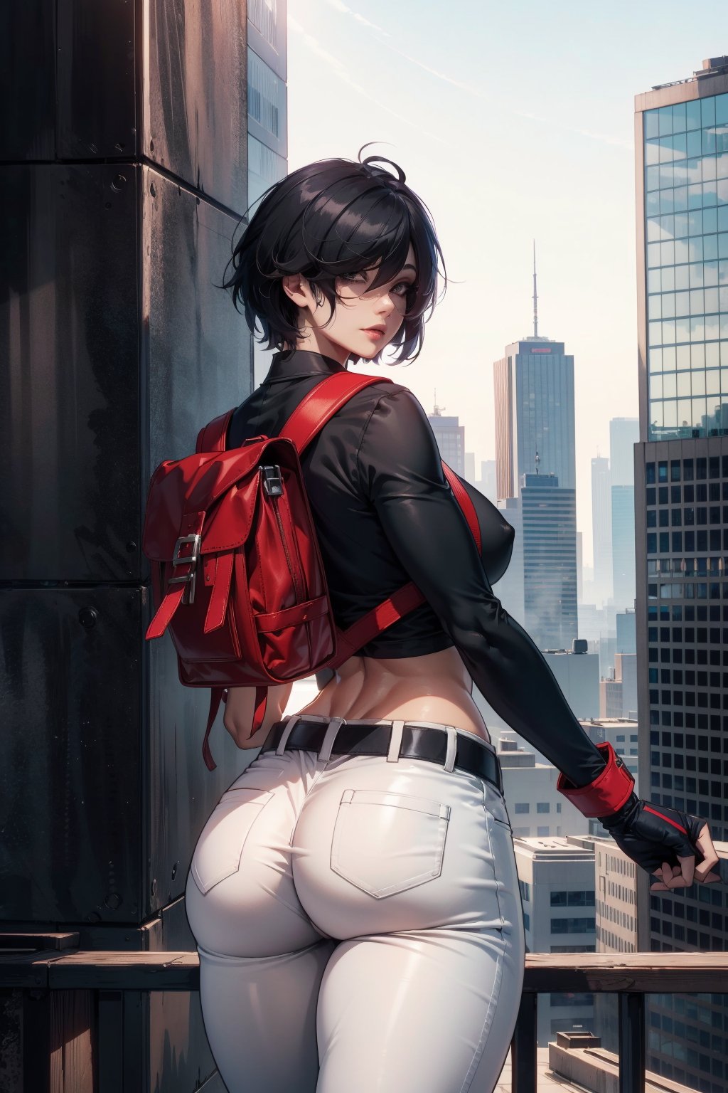 (masterpiece, best quality, volumetric lighting, detailed eyes), mature woman, asian woman, faith connors, symertical face, bangs over one eye, one Arm tattoo, short hair, sharp black hair, (black top:1.2), white pants, (sling backpack, runner bag), (red_fingerless_gloves), looking back, skinny, standing top of skyscraper, city top view