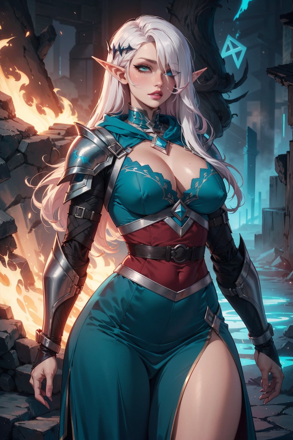 (masterpiece, best quality, volumetric lighting, detailed eyes), elf, Ninja, teal dress, sci-fi armor, (runes) fiery background,Lord of the Rings aesthetic, honorable,hoodie, dark Rider, long hair, platinum hair, pink lips, green eyes, cleavage, hourglass waist, medium breasts, cowboy shot