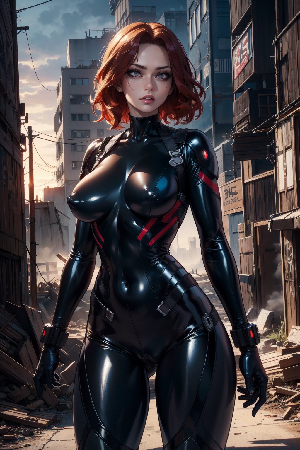 (masterpiece, best quality, high resolution, ultra detailed eyes, shiny skin),cowboy shot of black widow, black bodysuit, futuristic full bodysuit, round breasts, covered Breasts, electric power user, post apocalyptic city background