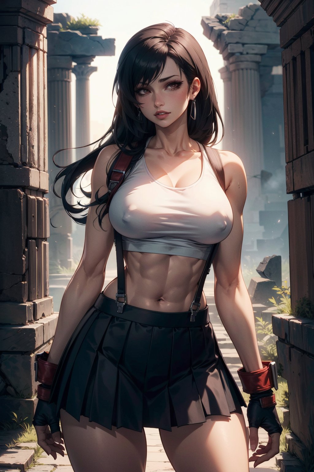 (masterpiece, best quality, high resolution, volumetric lighting), cowboy shot of tifa lockhart, white tank top, suspenders, black pleated skirt, perky breasts, fingerless gloves, ((skinny body)), hourglass hip, final fantasy, ancient ruins background