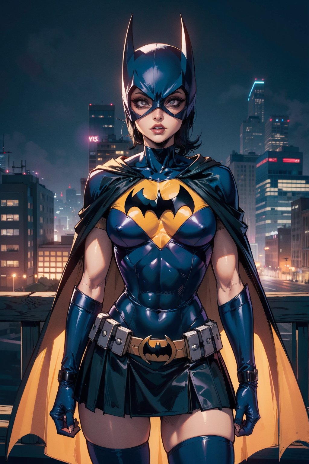 (masterpiece, best quality, detailed eyes), batgirl, batman mask, bodysuit, mini_skirt, black/yellow cape, dc, (city) night ciy background, superhero aesthetic, short black hair, cowboy shot, fit torso, skinny torso