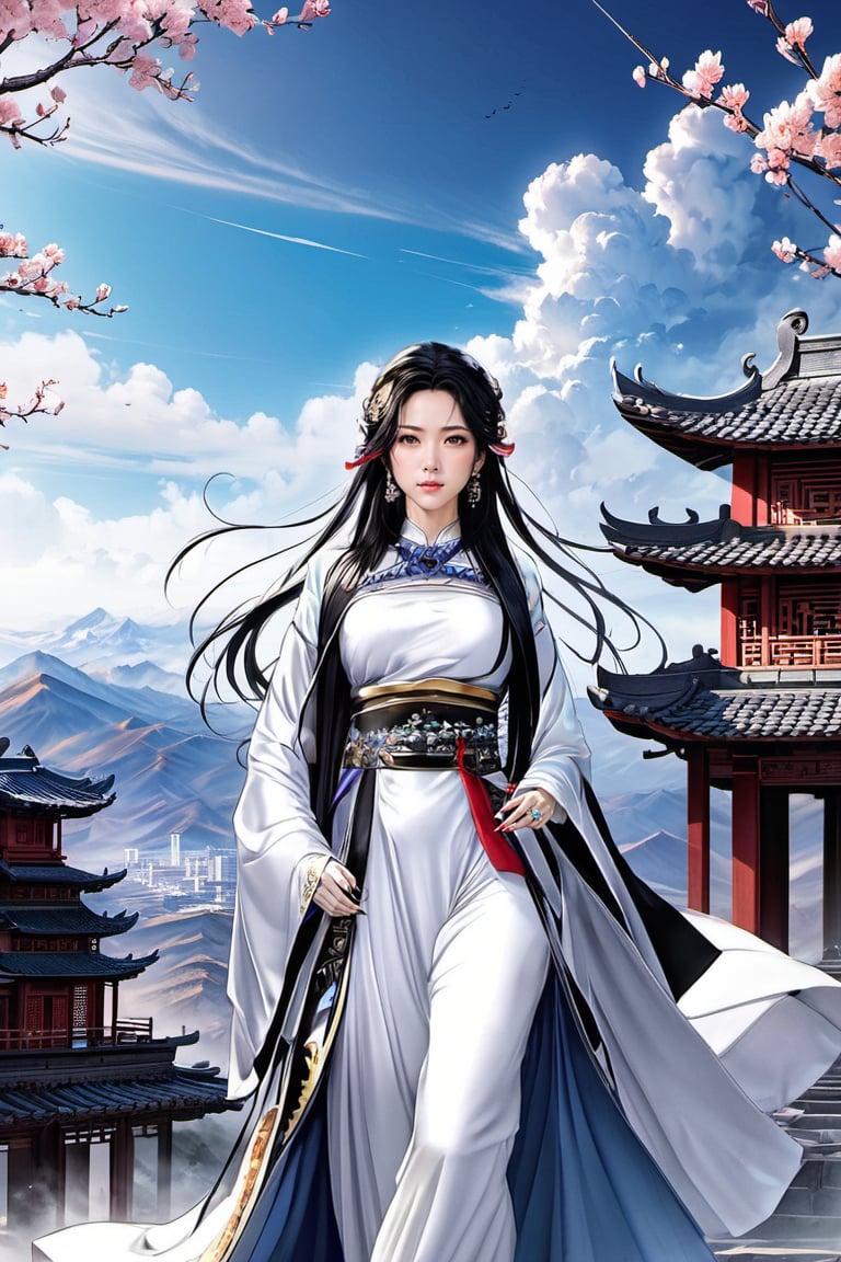 1girl, solo, long hair, black hair, long sleeves, dress, jewelry, full body, outdoors, sky, pants, cloud, wide sleeves, white dress, blue sky, sash, chinese clothes, cloudy sky, building, mountain, forehead mark, architecture, east asian architecture