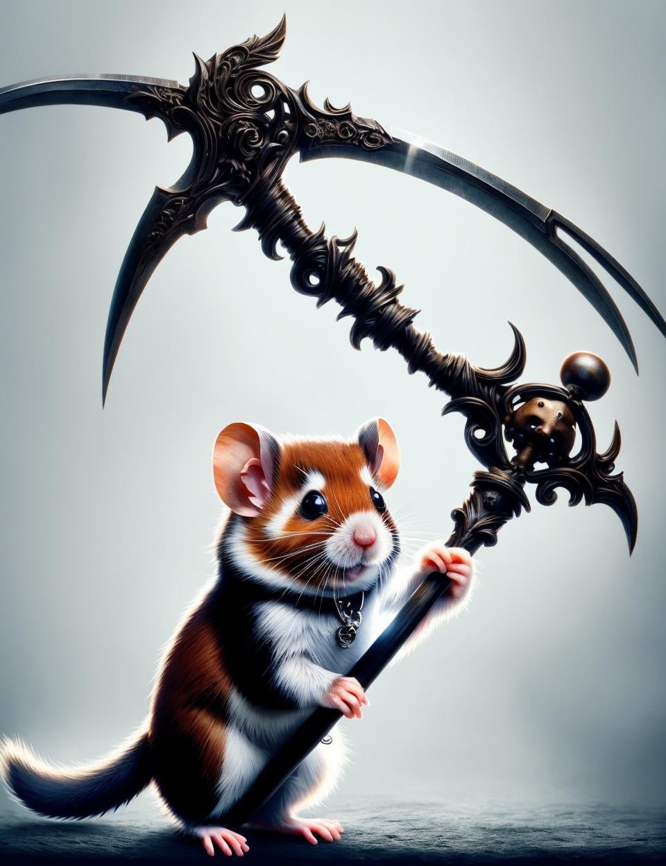 hamster holding a DonM5cy7h3 scythe, creascent blade,<lora:DonM5cy7h3-000006:0.8>