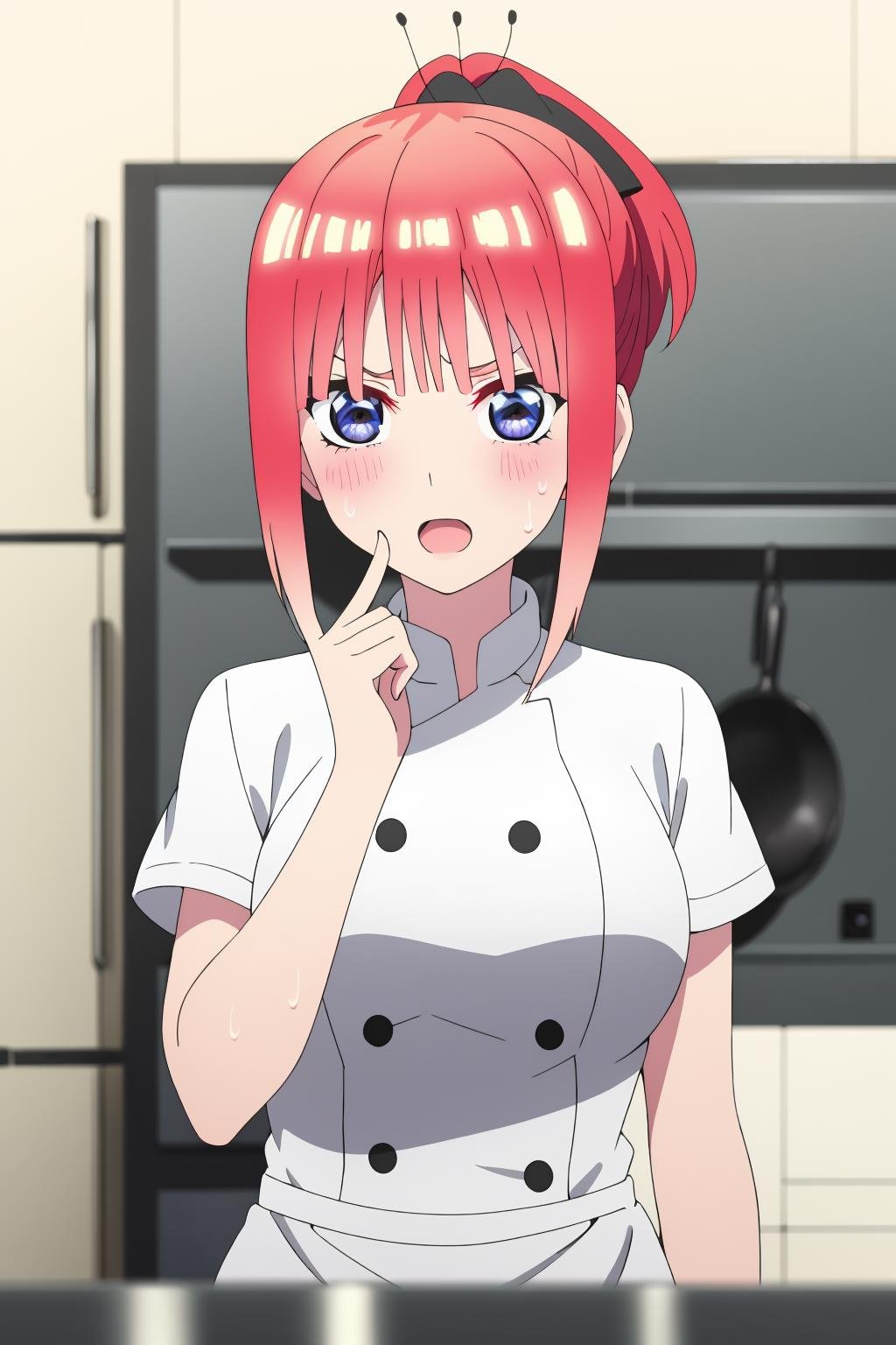 ((best quality)),((highly detailed)),masterpiece,absurdres,detailed face,beautiful face,(detailed eyes, deep eyes),1girl,((dynamic pose)) ,  <lora:NinoV1:0.8>Nino, pink hair, butterfly hair ornament, chef, bangs, blue eyes, hair ornament, apron, blunt bangs, kitchen, blush, ponytail, ribbon, black ribbon, smirk, looking at viewer, breasts, v-shaped eyebrows, sweatdrop, short hair, indoors, large breasts, hair ribbon, holding, medium hair, sidelocks, :o, eyebrows hidden by hair, twintails, solo, shiny hair, shiny, raised eyebrows, sweat