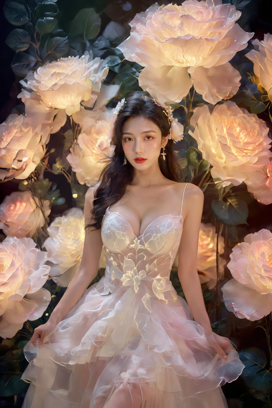 1girl, solo, long hair, breasts, looking at viewer, brown hair, black hair, hair ornament, dress, cleavage, bare shoulders, brown eyes, jewelry, medium breasts, standing, collarbone, flower, cowboy shot, earrings, parted lips, sleeveless, hair flower, white dress, lips, see-through, makeup, sleeveless dress, white flower, lipstick, stairs, realistic, arms at sides, red lips<lora:EMS-310343-EMS:0.800000>