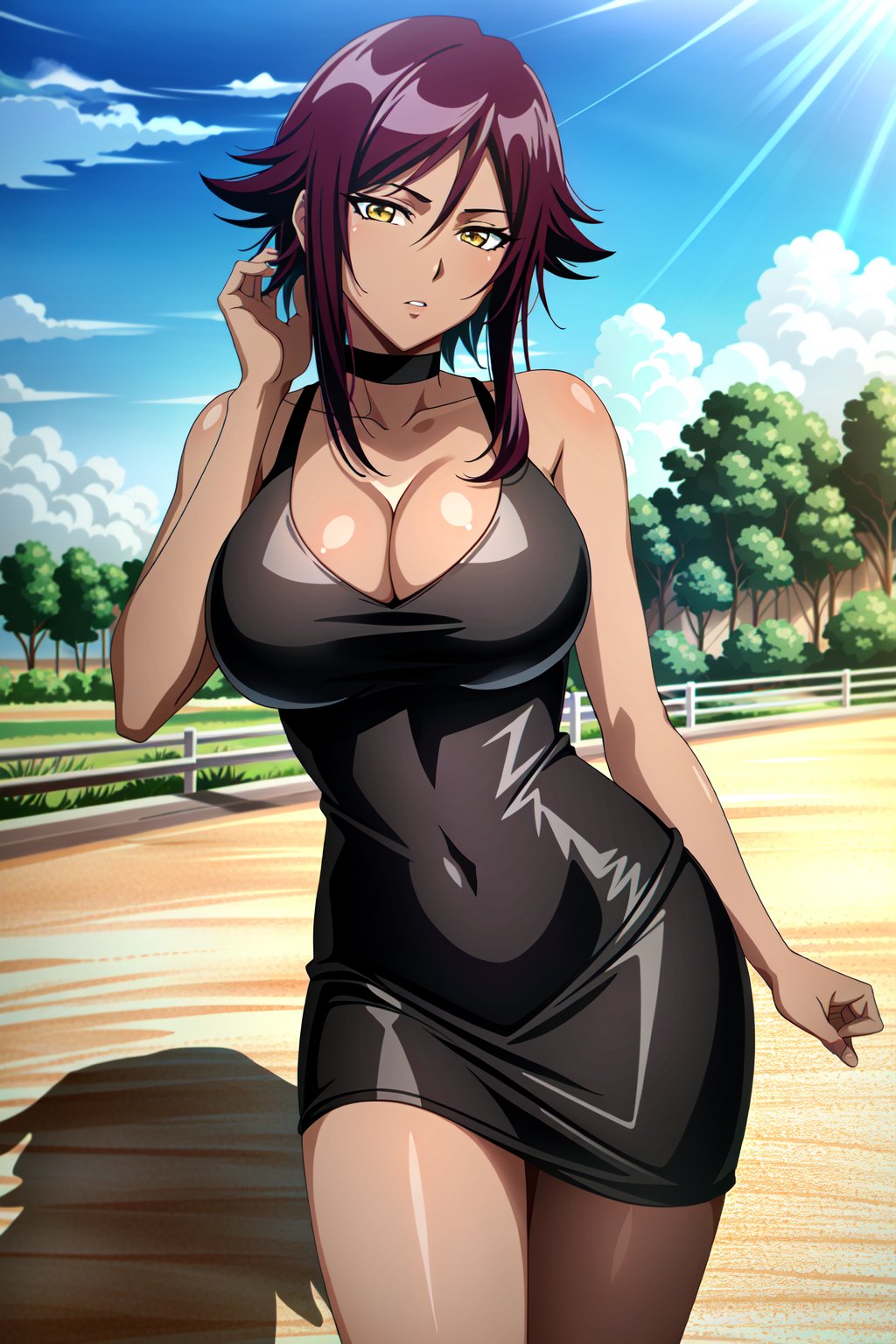 (extremely detailed CG unity 4k wallpaper),(masterpiece),(best quality),(ultra-detailed),(best illustration),(best shadow),(absurdres),(detailed background) <lora:OGT_Yoruichi_Shihouin-v3:0.7> Yoruichi Shihouin, 1girl, solo, shihouin yoruichi, purple hair, dark skin, yellow eyes, sky, cloud, dark-skinned female, long hair, day, anime coloring, collarbone, large breast, blue sky, tight fit dress, outdoors, portrait, bare shoulders