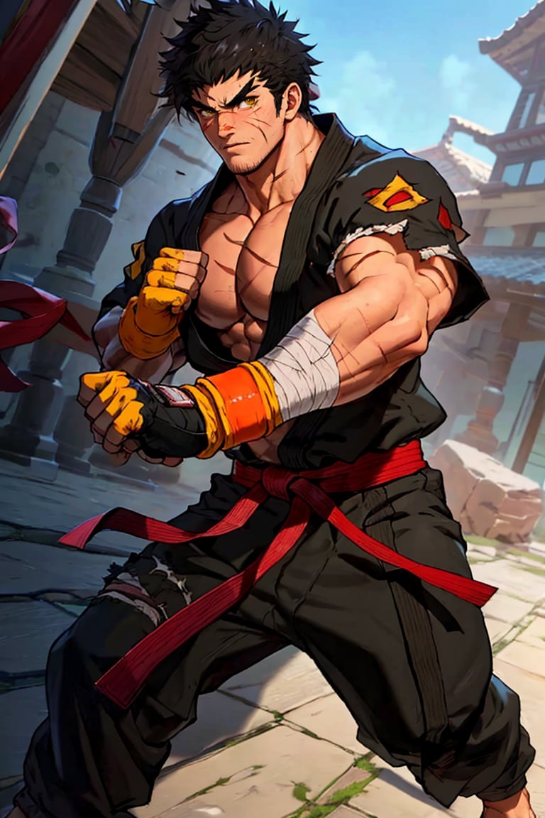 solo male, Grappler, Dungeon Fighter Online, black hair, short hair, brown eyes, thick eyebrows, forked eyebrows, stubble, green eyes, scars on face, scar on cheek, scar on chest, pectorals, pectoral cleavage, rn black dougi, black martial arts pants, red martial arts belt, yellow fingerless gloves, barefoot, bandaged hand, toned male, mature, handsome, charming, alluring, erotic, blush, shy, fighting stance
, upper body, perfect anatomy, perfect proportions, ((perfect eyes, perfect, parfect fingers)), best quality, masterpiece, high_resolution, dutch angle, photo background,1guy